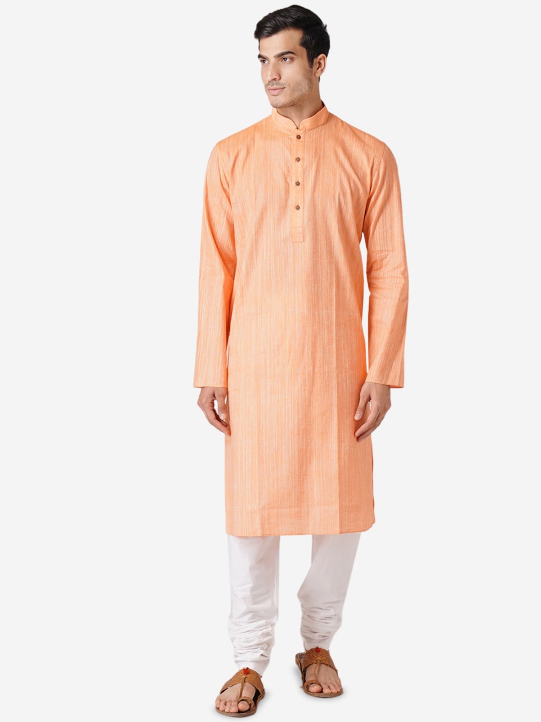 

ZOIS Woven Design Mandarin Collar Pure Cotton Straight Kurta With Churidar, Orange