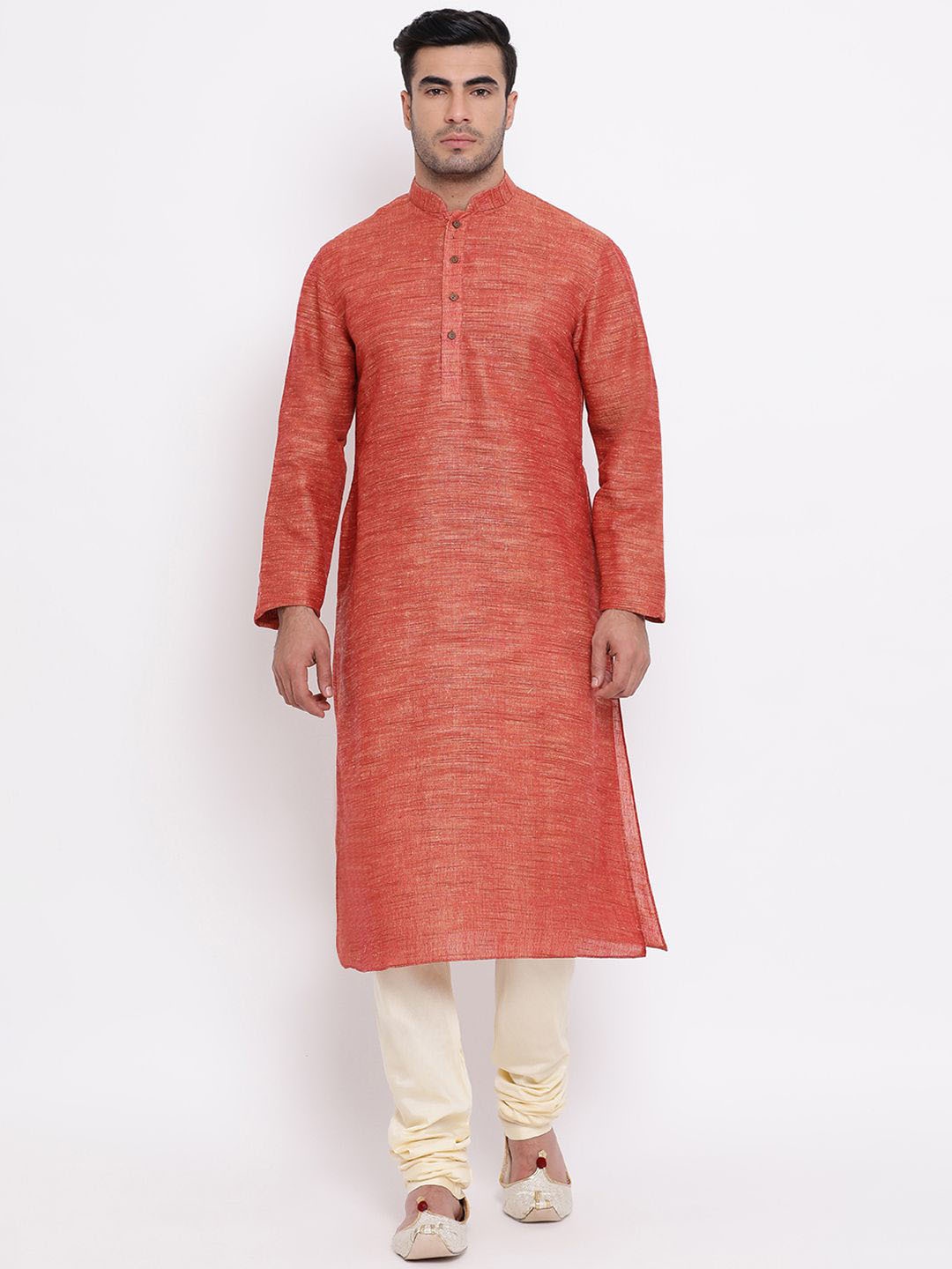 

ZOIS Woven Design Mandarin Collar Straight Kurta With Churidar, Brown