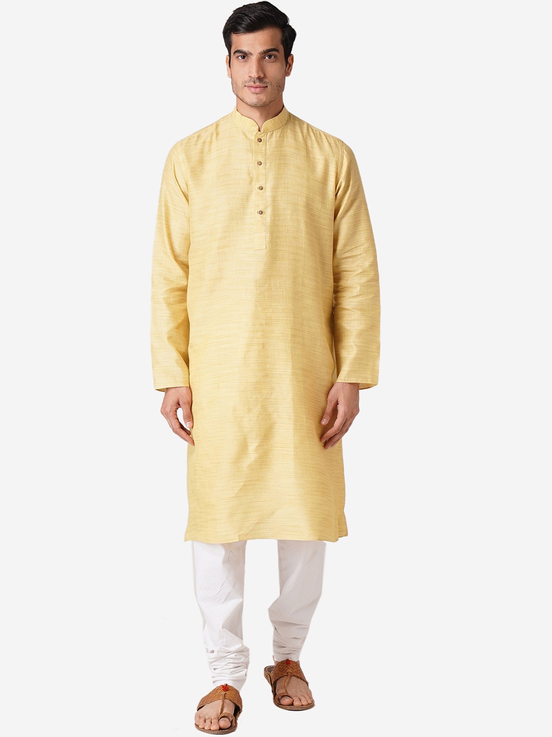 

ZOIS Striped Woven Design Mandarin Collar Regular Pure Cotton Kurta with Churidar, Yellow