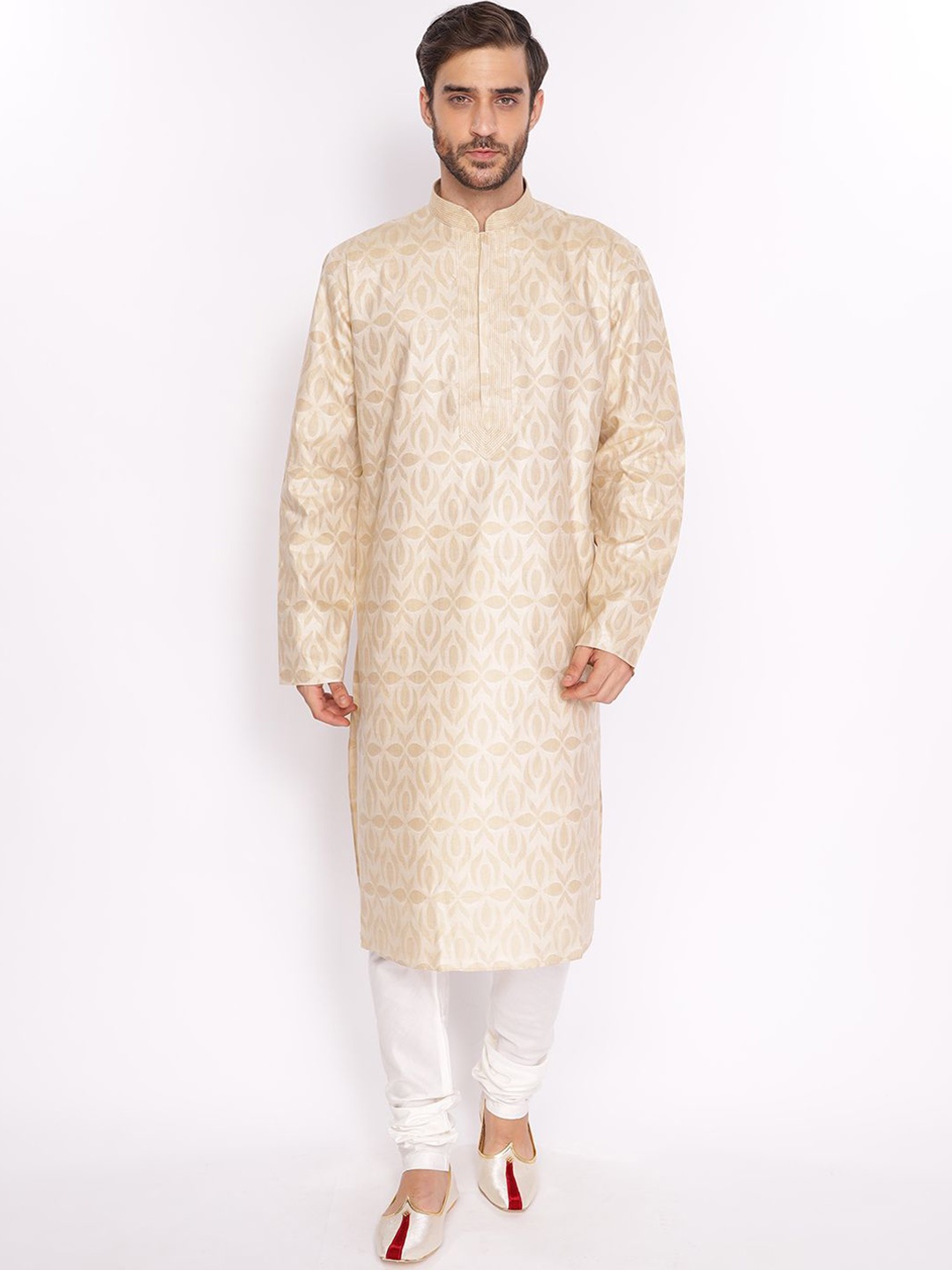 

ZOIS Floral Woven Design Thread Work Mandarin Collar Straight Kurta With Churidar, Beige