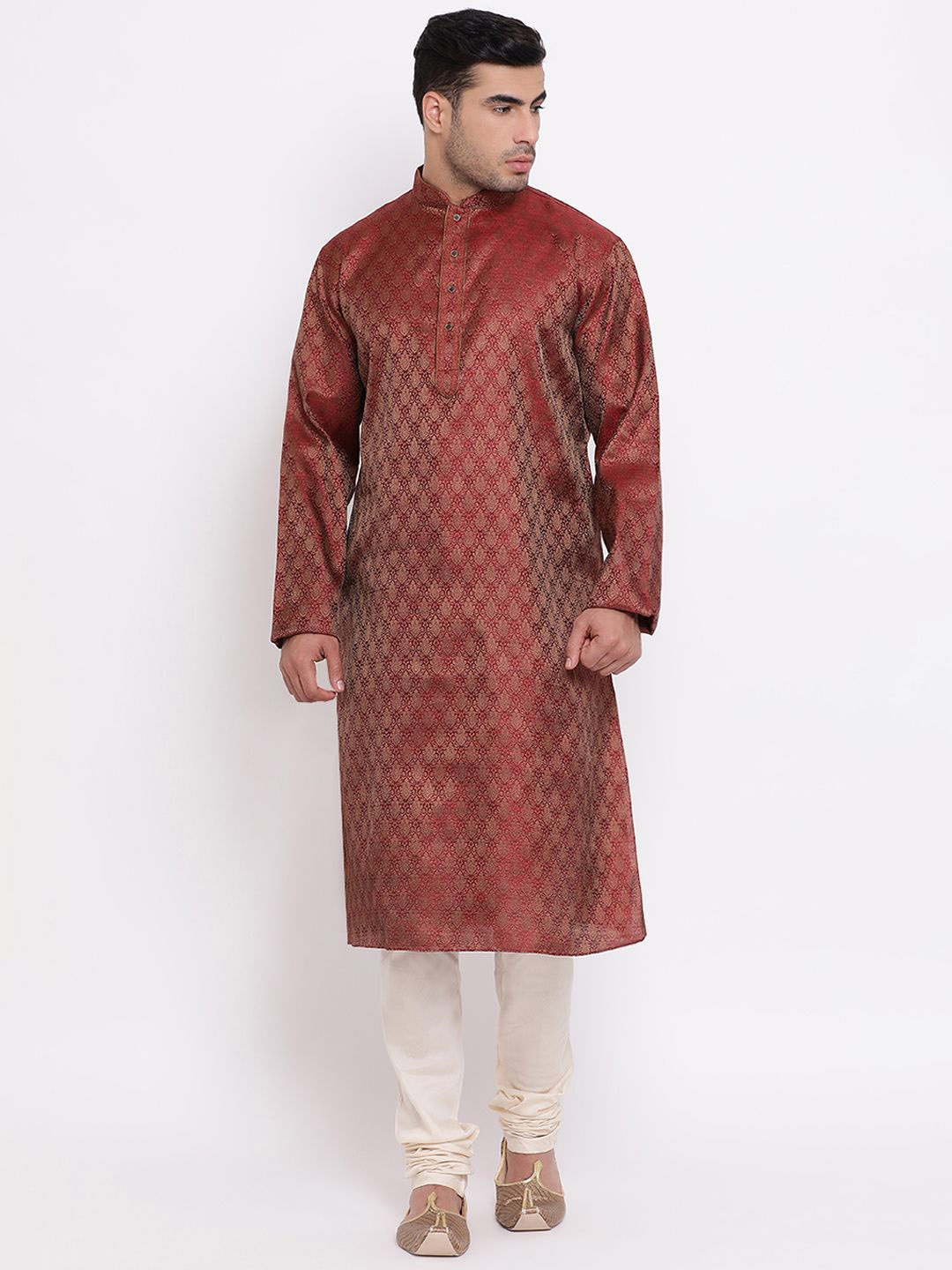 

ZOIS Ethnic Motifs Woven Design Mandarin Collar Regular Kurta with Churidar, Maroon