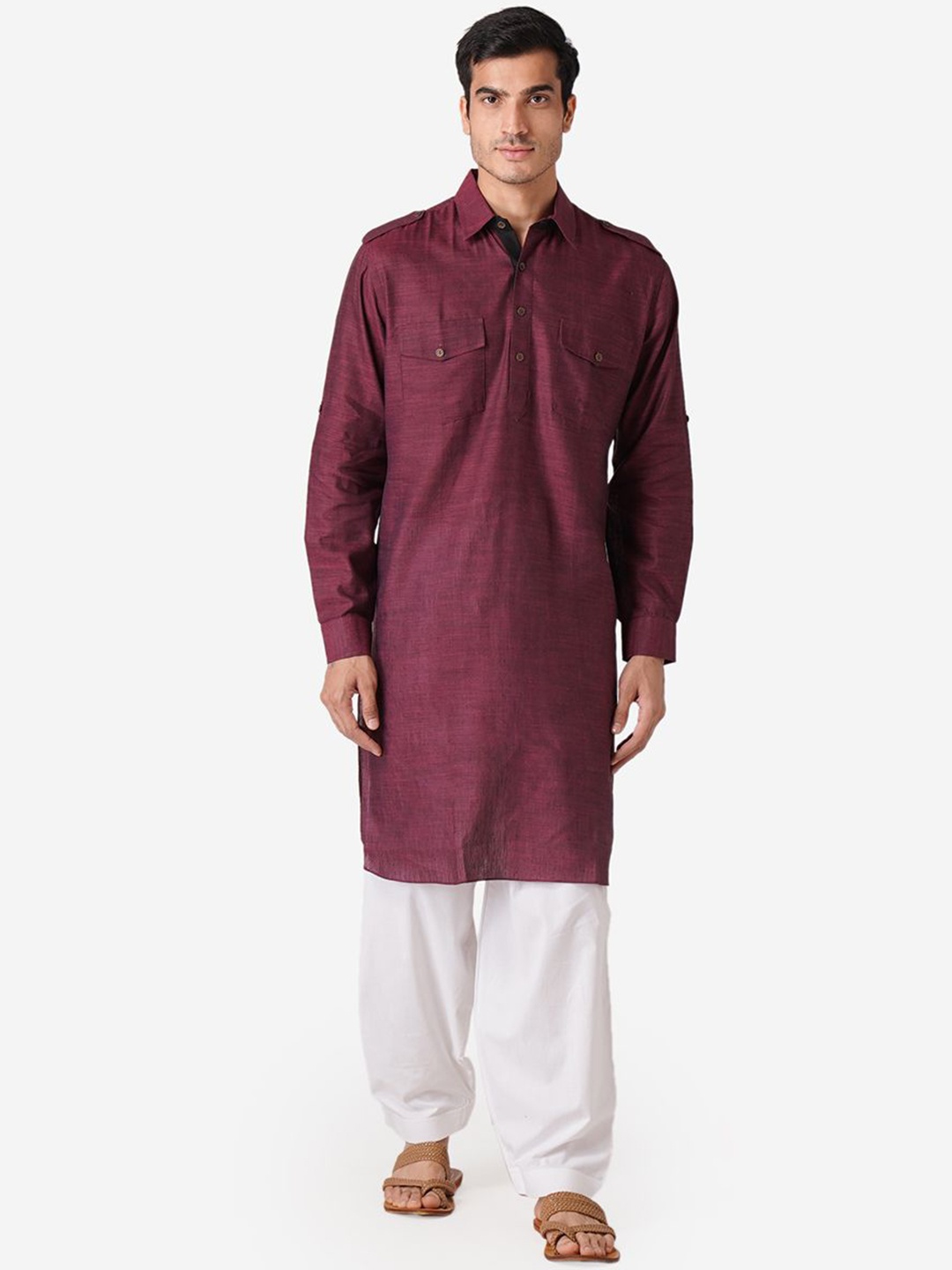 

ZOIS Shirt Collar Pure Cotton Pathani Kurta With Churidar, Purple