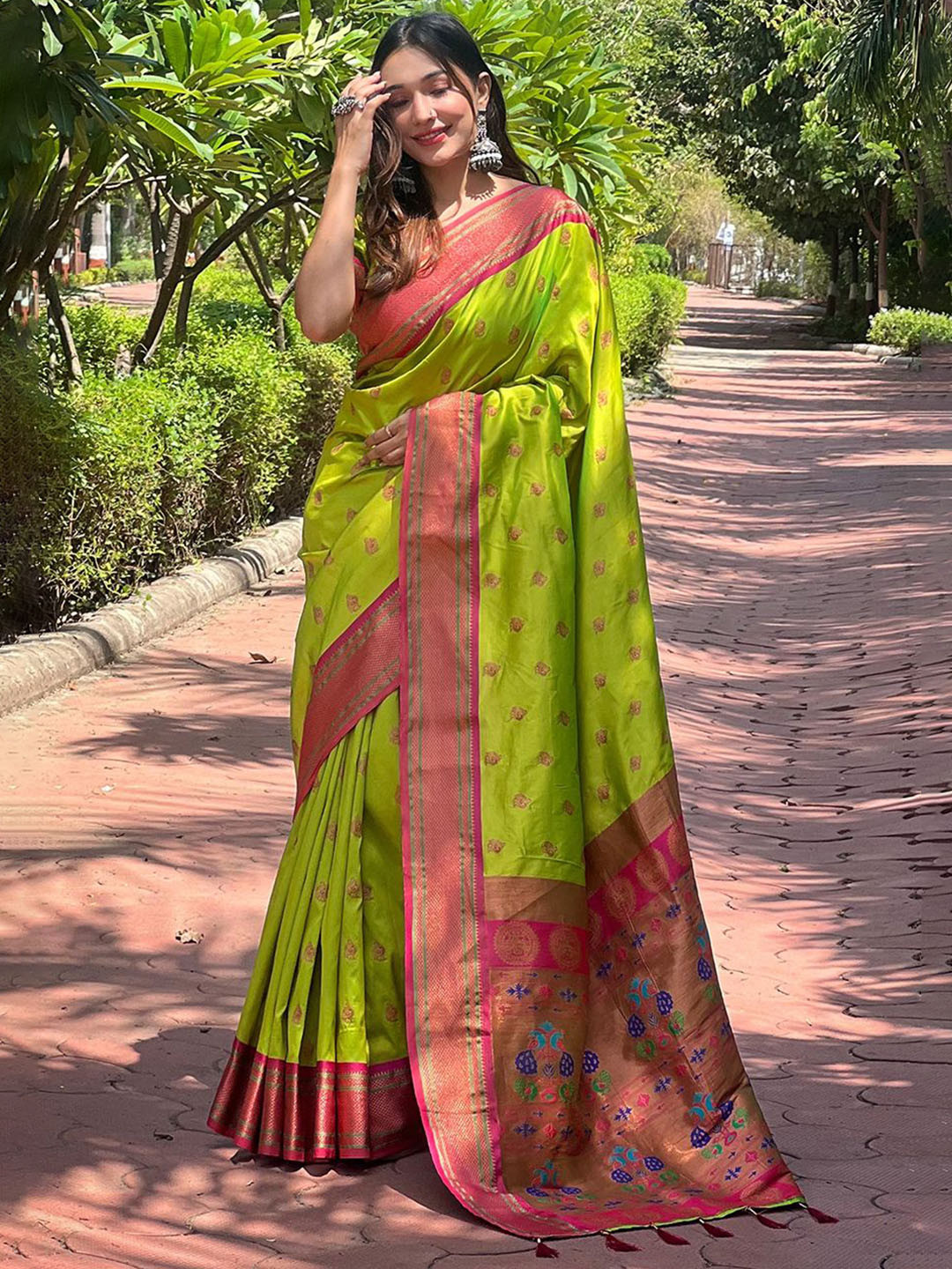 

LeeliPeeri Designer Woven Design Zari Paithani Saree, Lime green