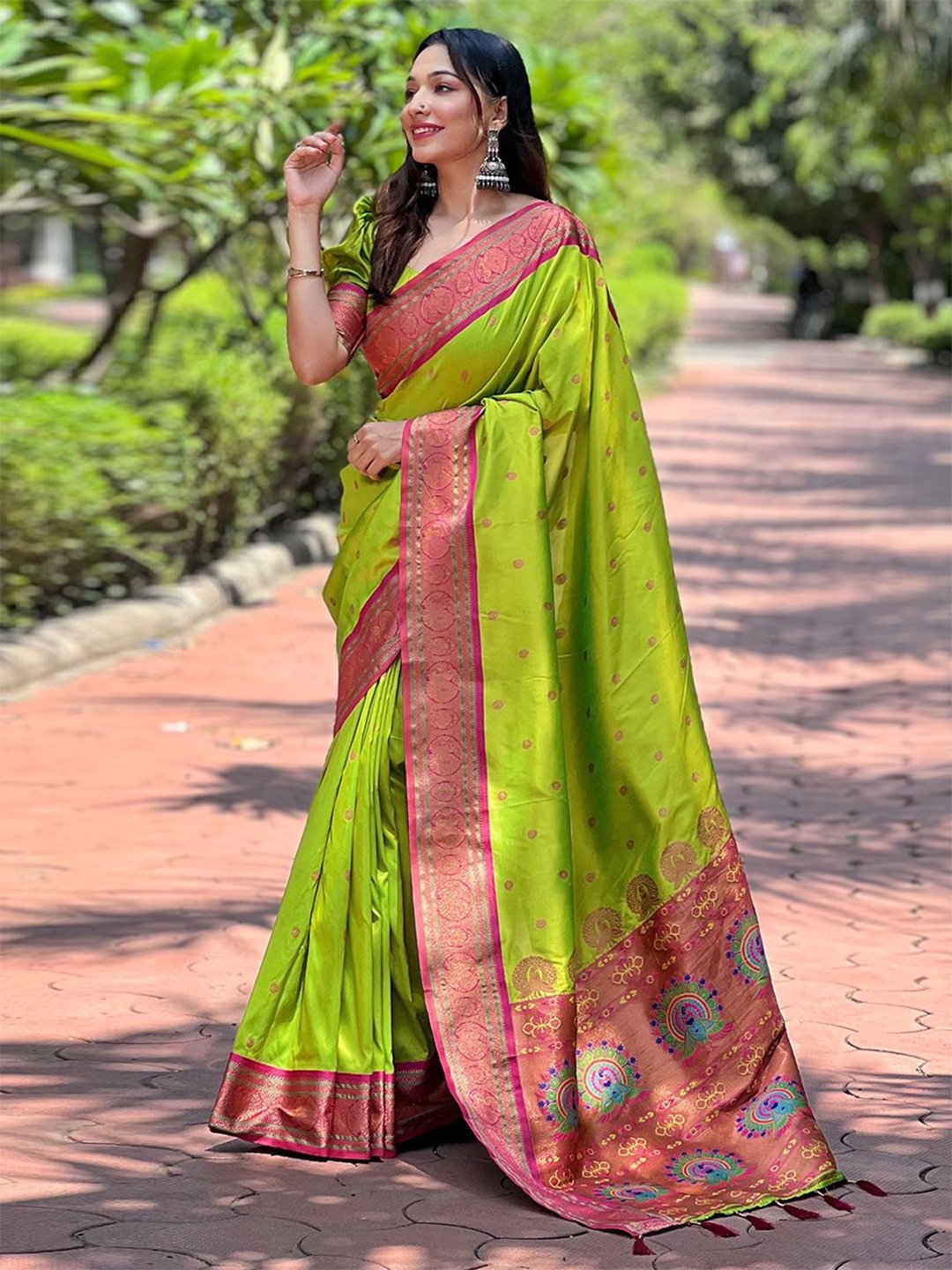 

LeeliPeeri Designer Ethnic Motifs Zari Paithani Saree, Lime green