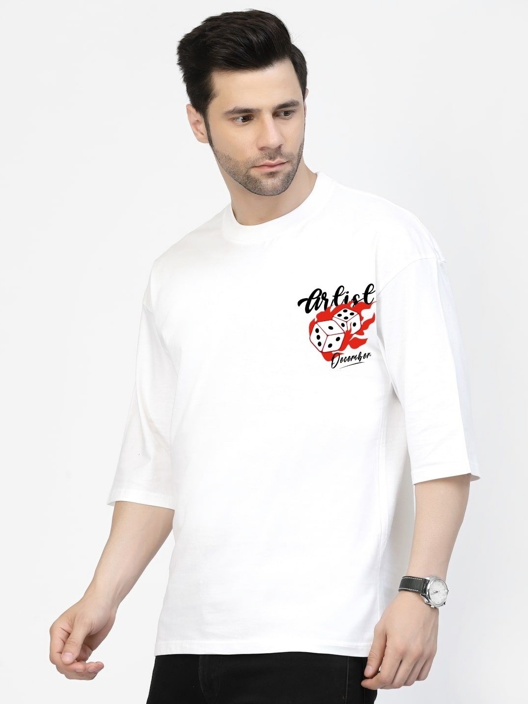 

Gavin Paris Men Printed V-Neck Extended Sleeves Bio Finish Applique T-shirt, White