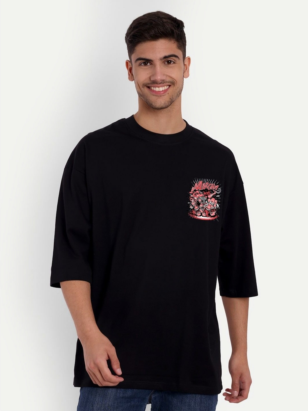 

Gavin Paris Men Printed Drop-Shoulder Sleeves Bio Finish Raw Edge T-shirt, Black