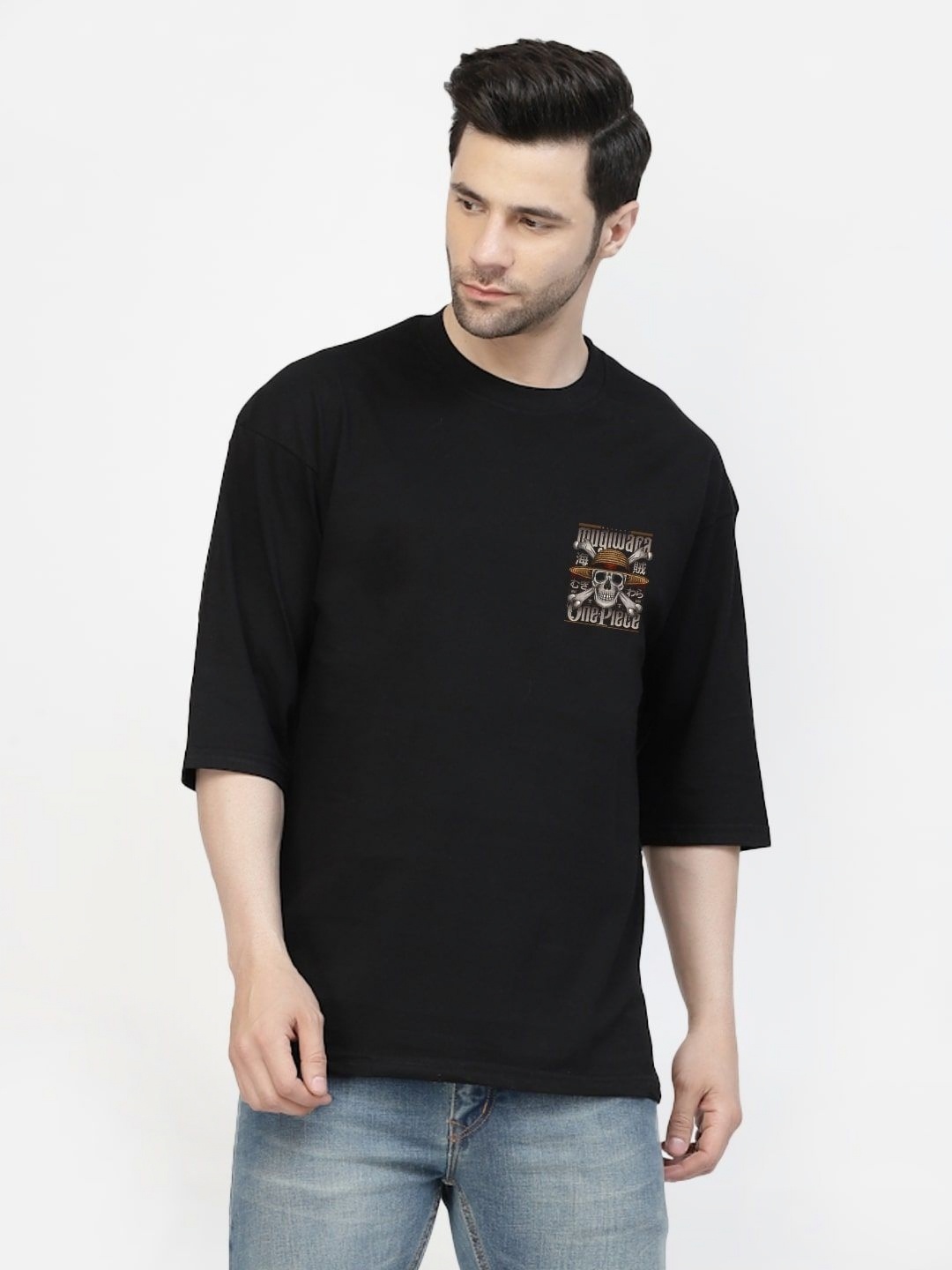 

Gavin Paris Men Biker Printed Bio Finish Raw Edge T-shirt, Black