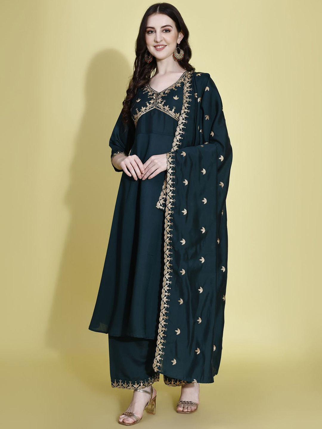 

KALINI Embroidered Regular Thread Work Anarkali Kurta with Palazzos & With Dupatta, Green