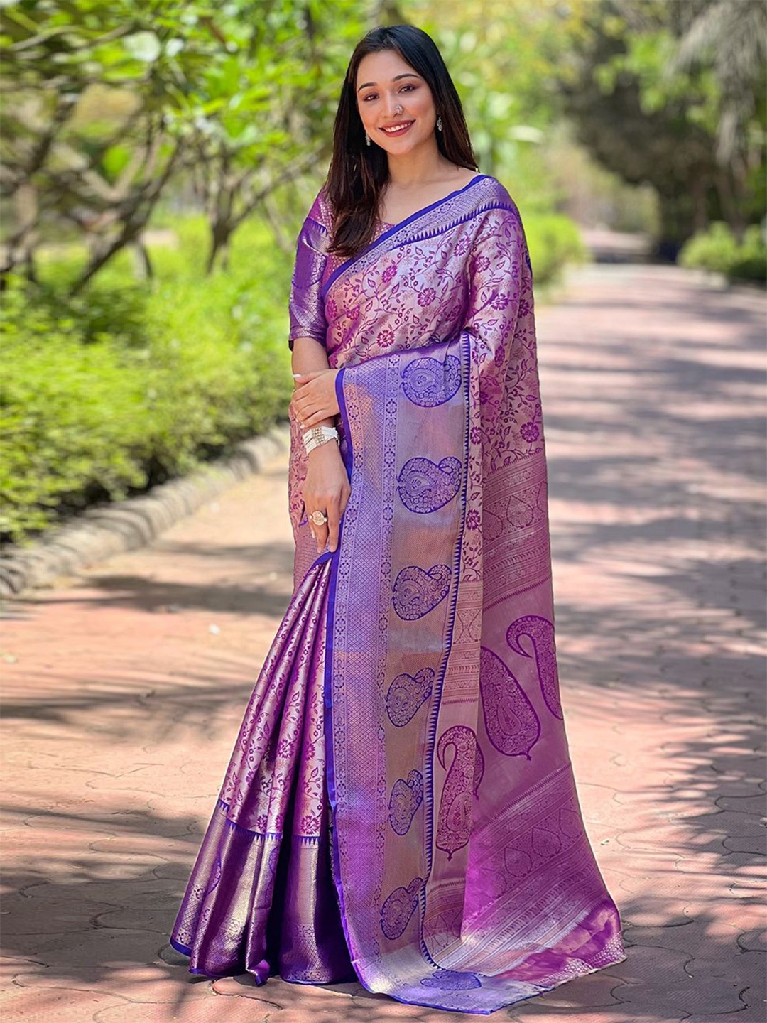 

LeeliPeeri Designer Ethnic Motifs Woven Design Zari Kanjeevaram Saree, Purple