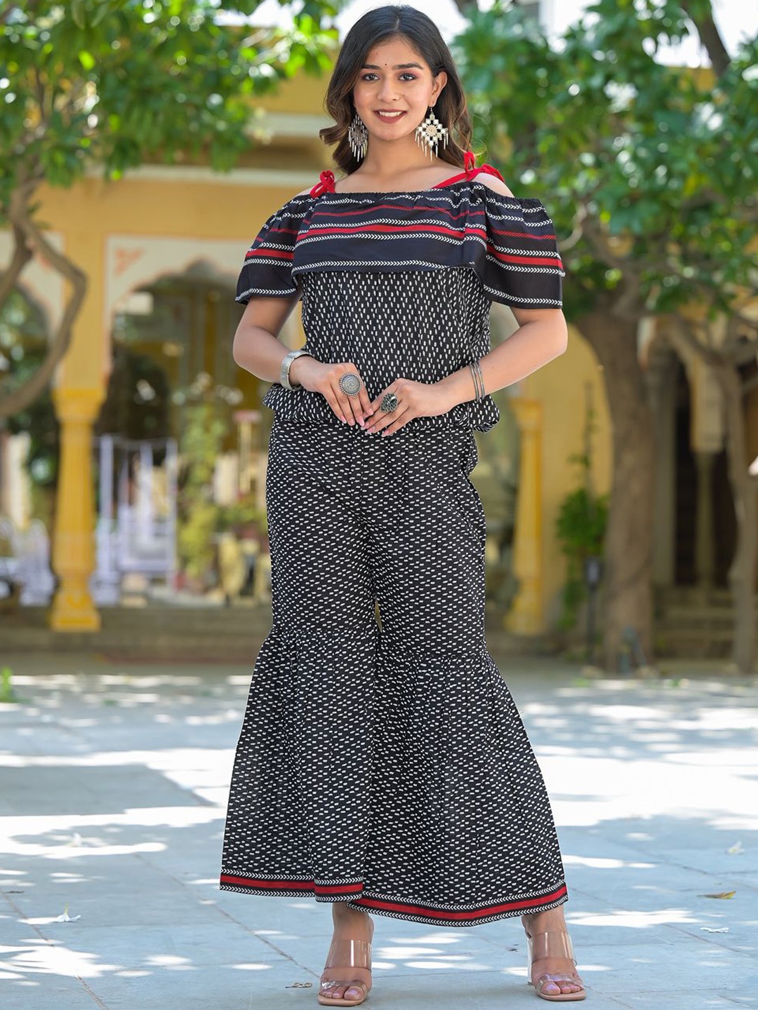 

KALINI Printed Pure Cotton Off Shoulder Top & Trouser, Black