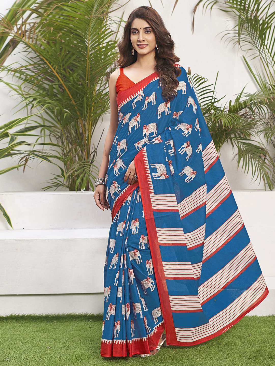 

KALINI Ethnic Motifs Printed Pure Cotton Saree, Blue