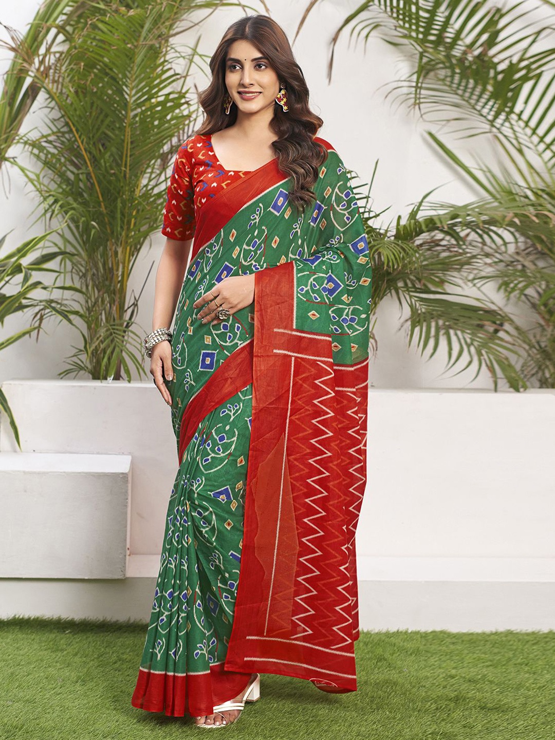 

KALINI Pure Cotton Batik Festive Saree, Green