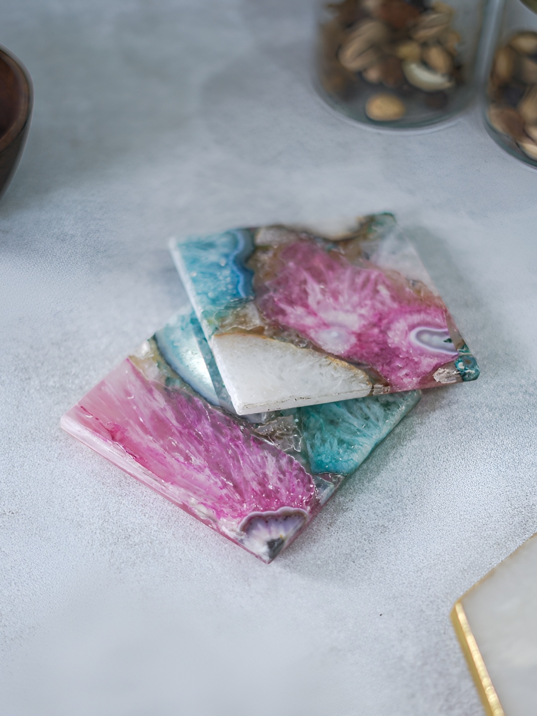HOMEARTE Pink & Blue 2 Pieces Printed Agate Stone Square Coasters