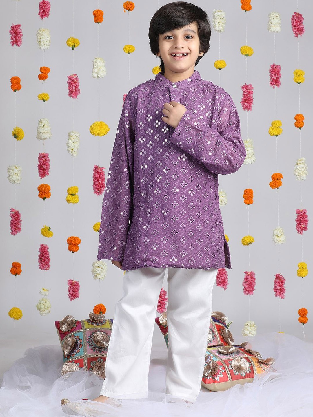 

Cutiekins Boys Ethnic Embroidered Mandarin Collar Mirror Work Satin Kurta with Pyjamas, Purple