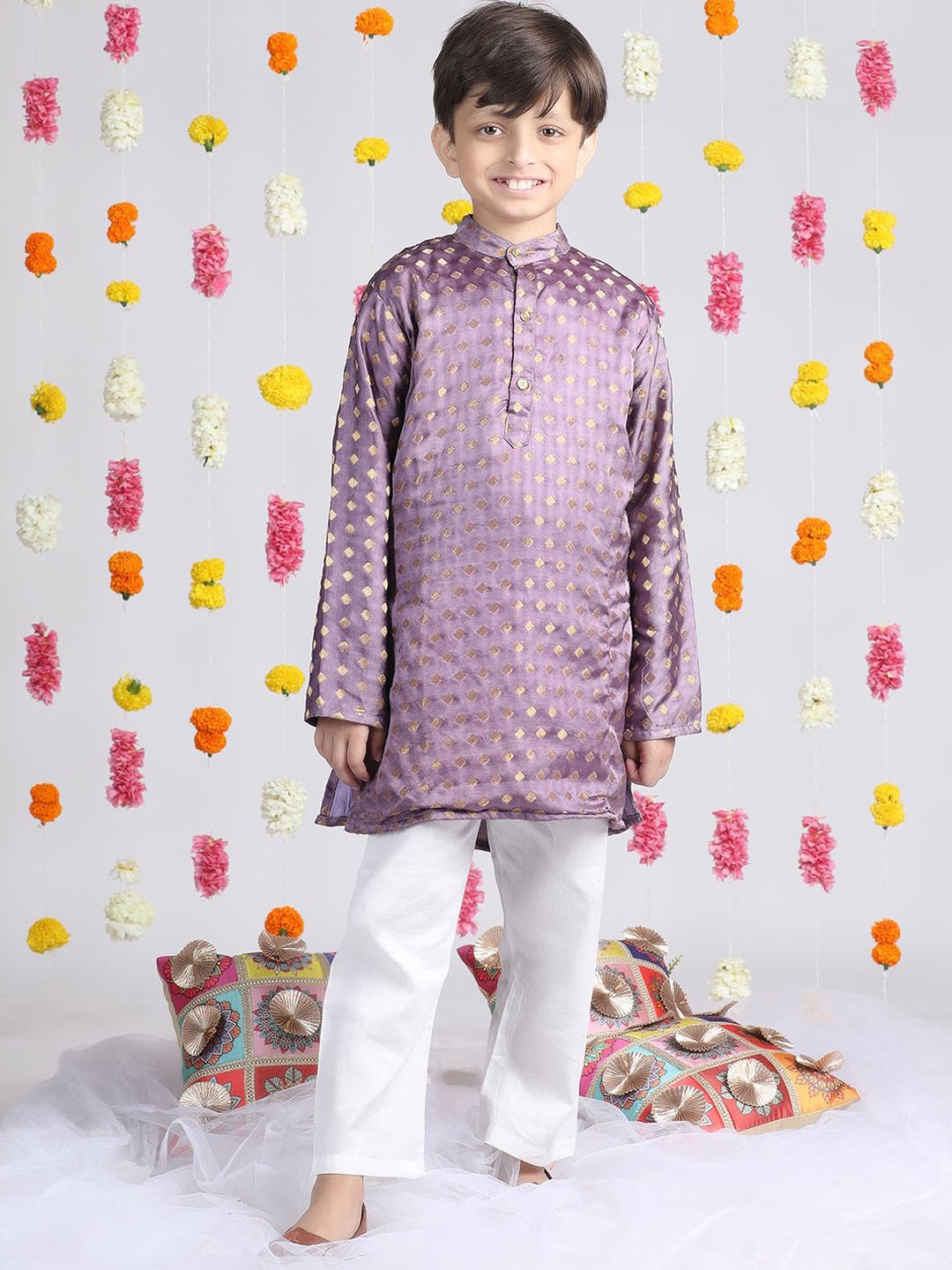 

Cutiekins Boys Geometric Woven Design Mandarin Collar Straight Kurta With Pyjamas, Purple