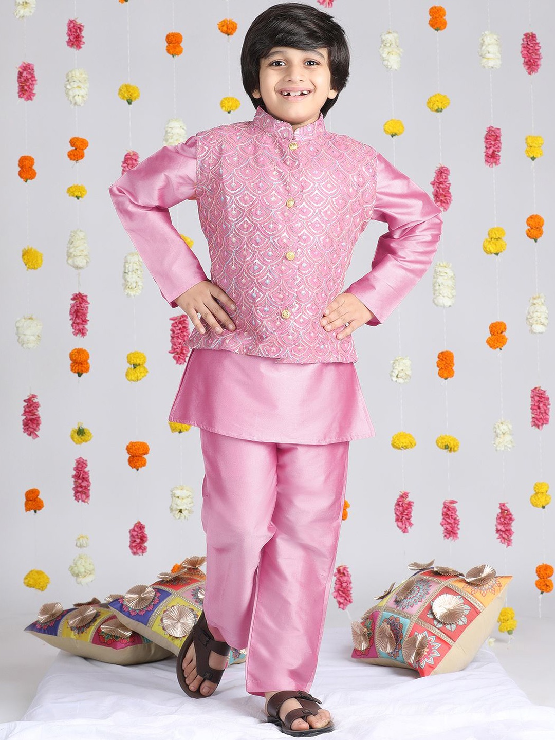 

Cutiekins Boys Ethnic Motifs Embroidered Straight Kurta With Pyjamas & Jacket, Pink