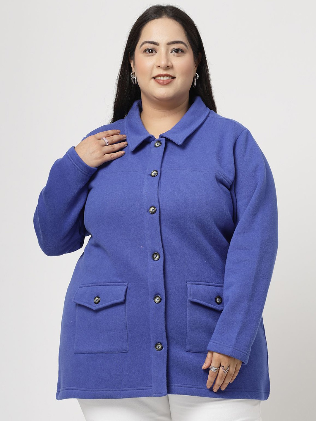 

plusS Women Fleece Tailored Jacket with Patchwork, Blue