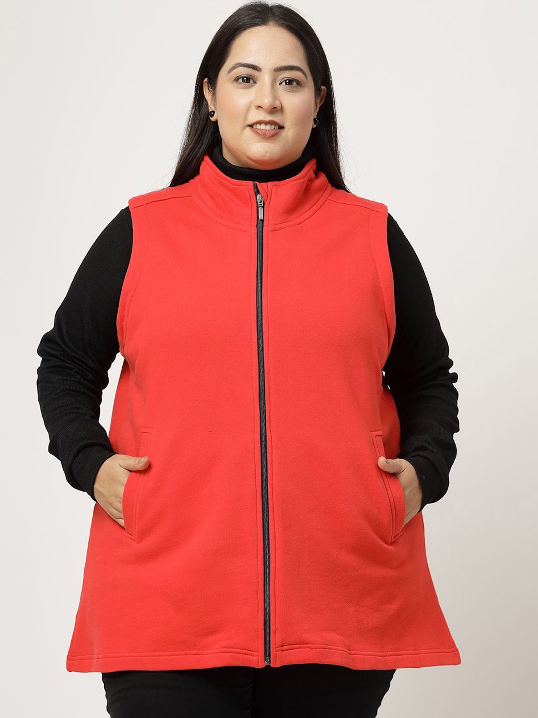 

plusS Women Colourblocked Fleece Longline Tailored Jacket, Red