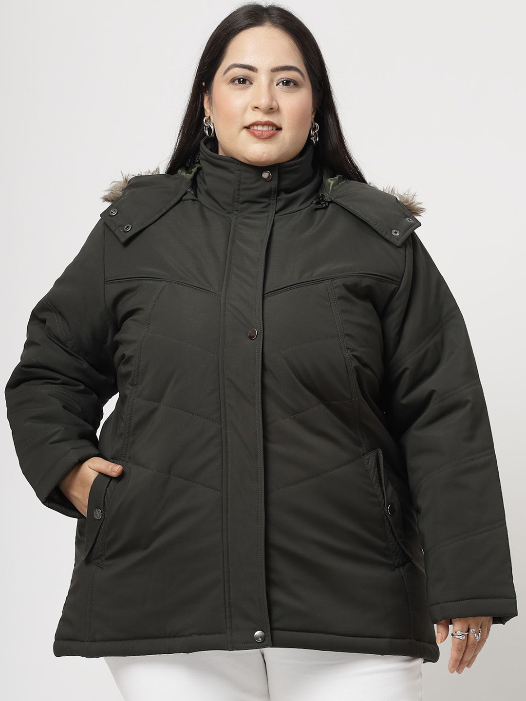 

plusS Women Longline Parka Jacket, Olive