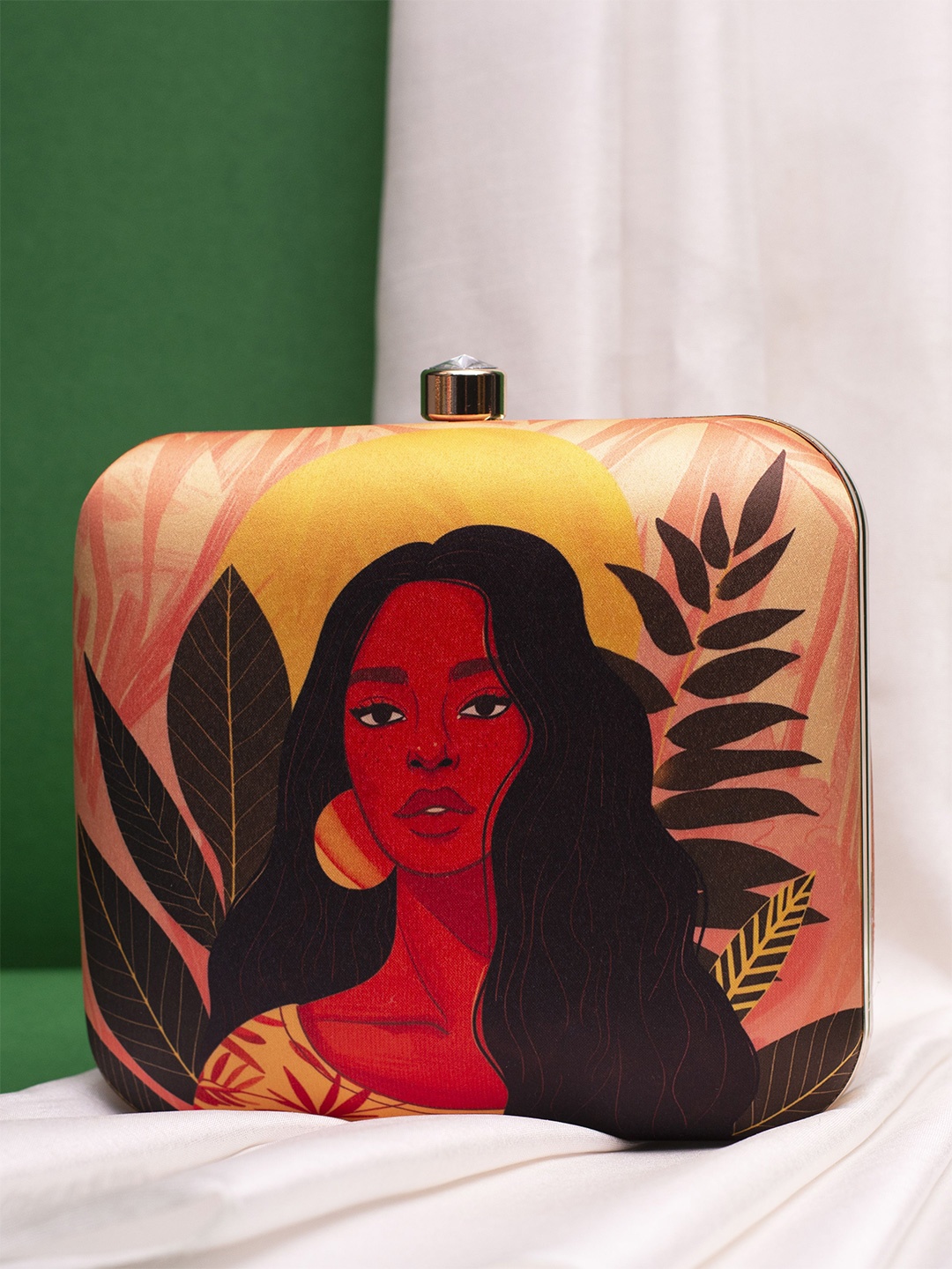 

ARTKLIM Afro Portrait Printed Box Clutch, Beige