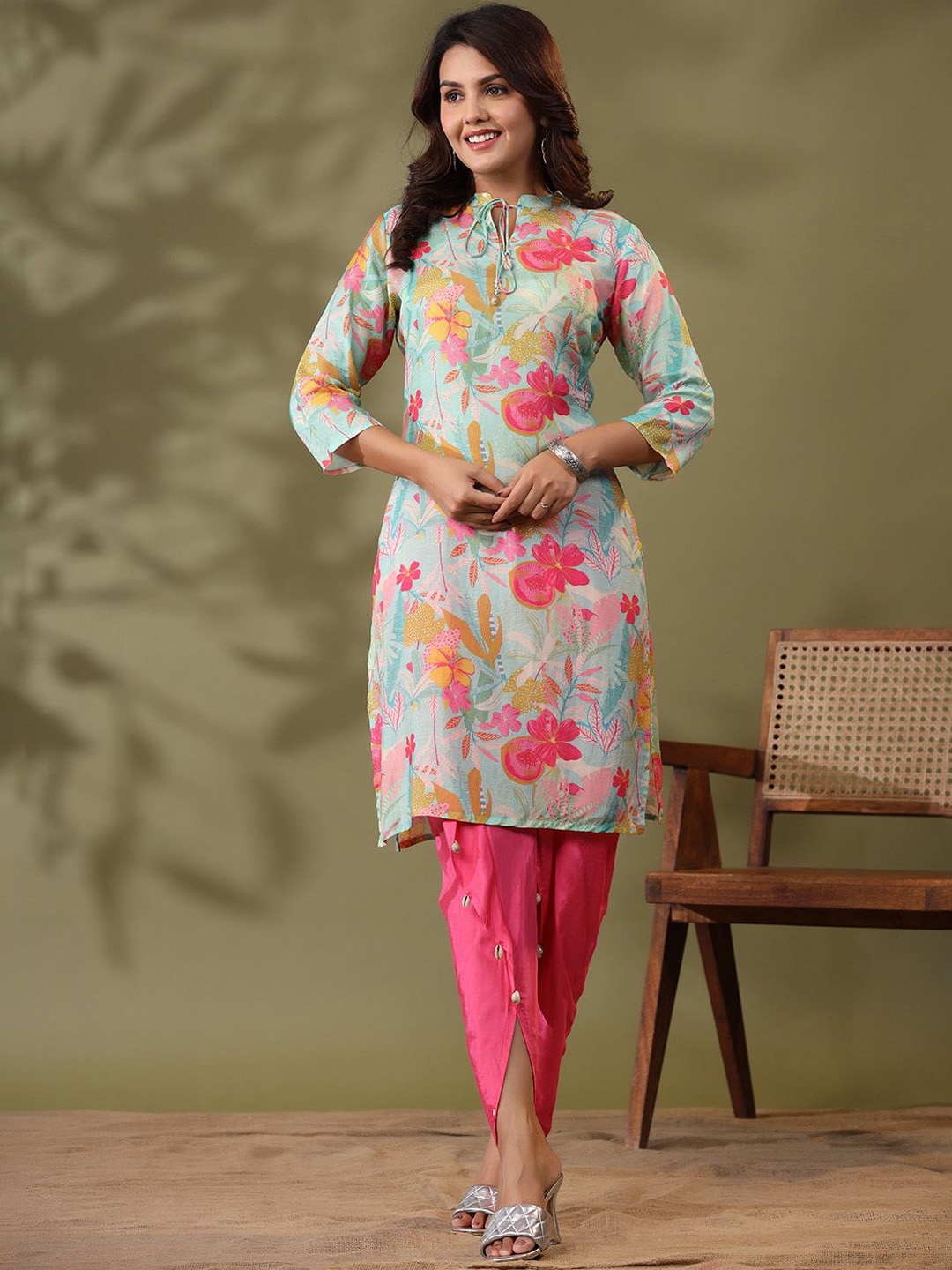 

Kaftanize Floral Printed Regular Pure Cotton Kurta with Harem Pants, Blue