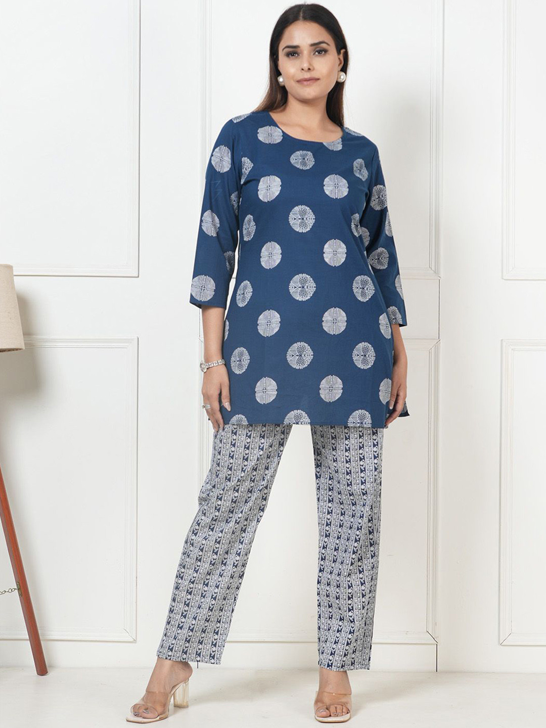 

Kaftanize Geometric Printed Regular Pure Cotton Kurta with Trousers, Blue