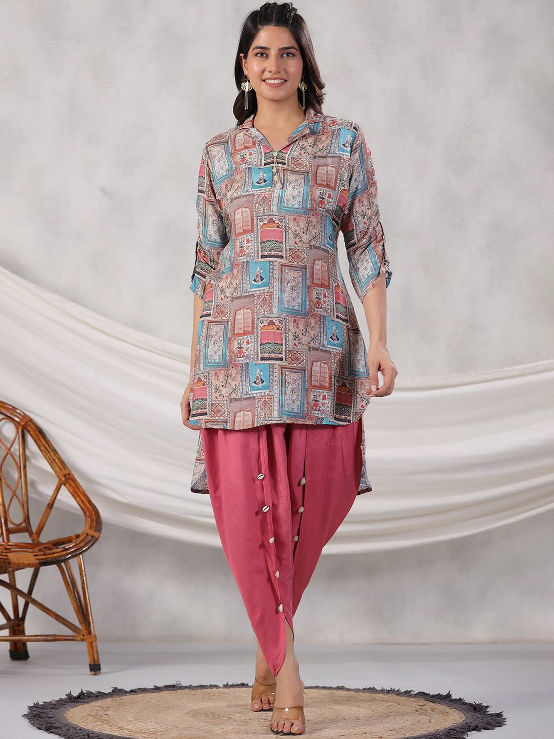

Kaftanize Printed Shirt Collar Pure Cotton High Low Tunic with Tulip Trouser, Pink