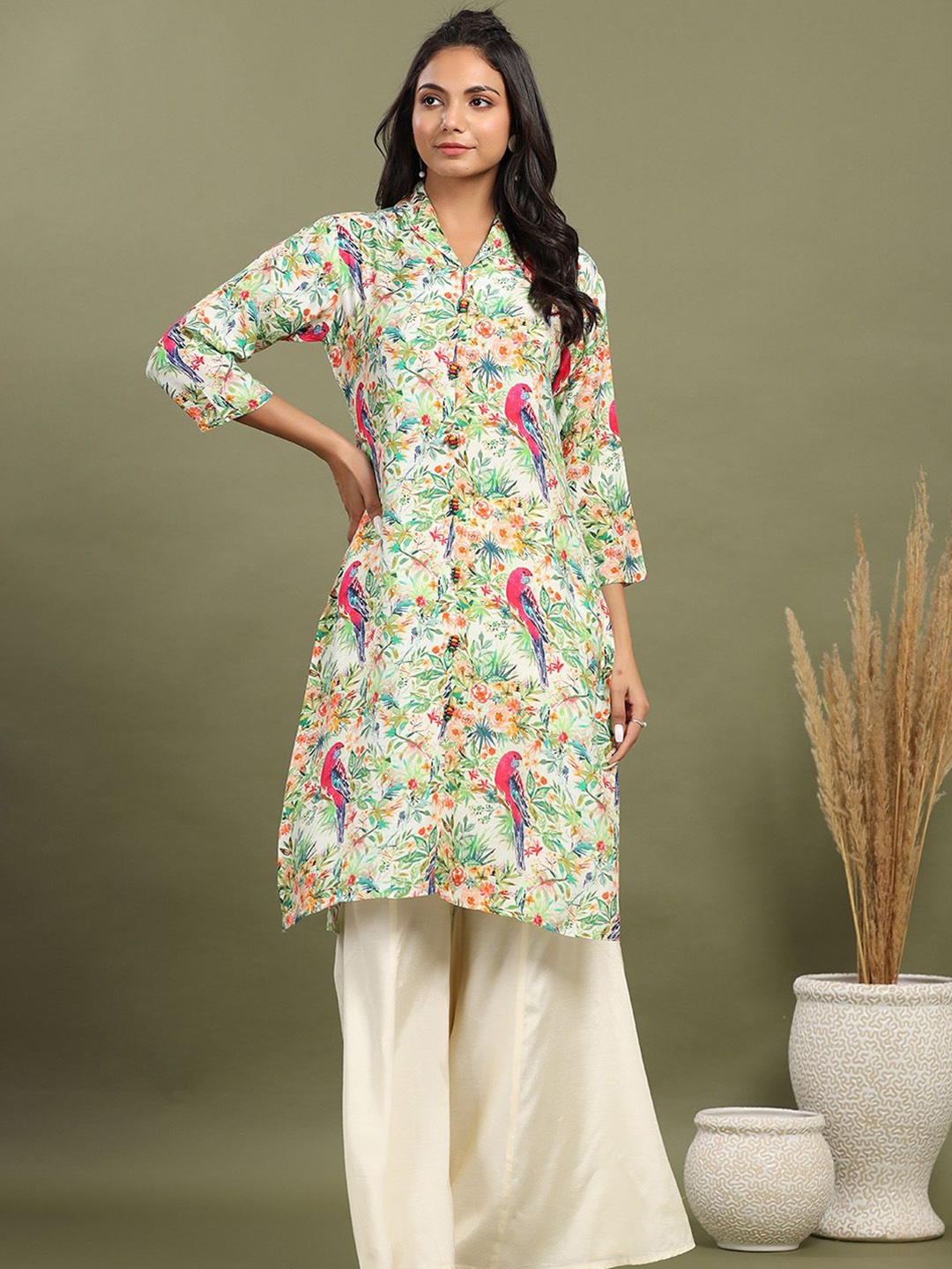 

Kaftanize Floral Printed Regular Pure Cotton Kurta with Palazzos, Off white