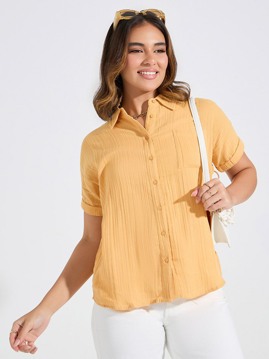 

Styli Women Regular Fit Roll-Up Sleeve Textured Button-Down Shirt, Mustard