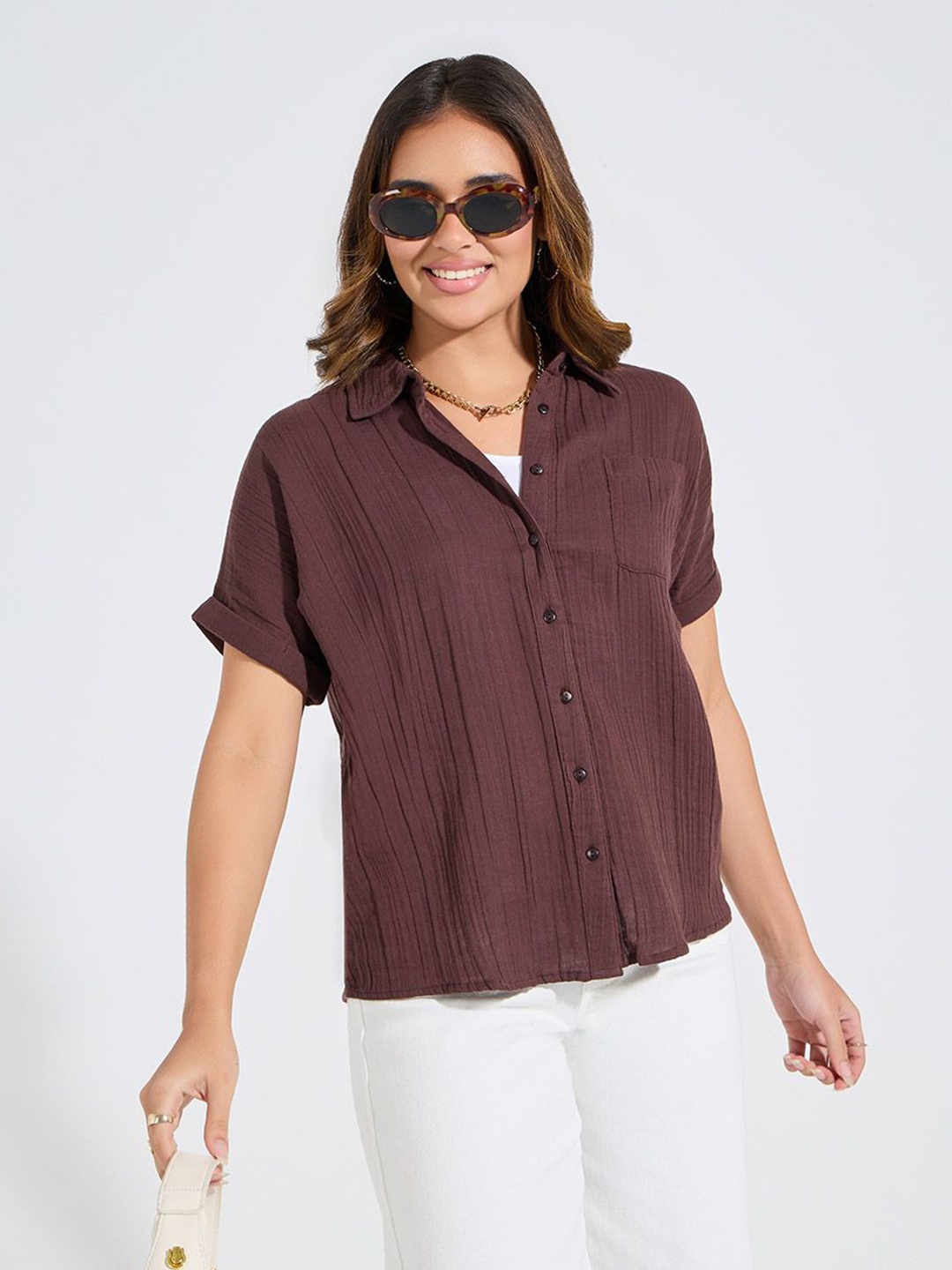 

Styli Women Regular Fit Roll-Up Sleeve Textured Button-Down Shirt, Brown