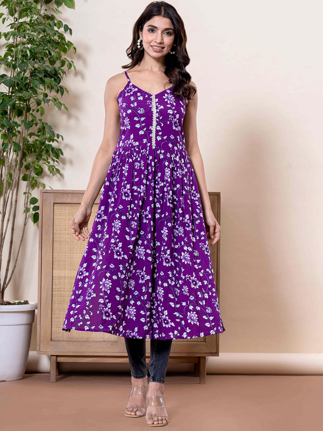 

Shedika Floral Printed Shoulder Straps Anarkali Kurta, Purple