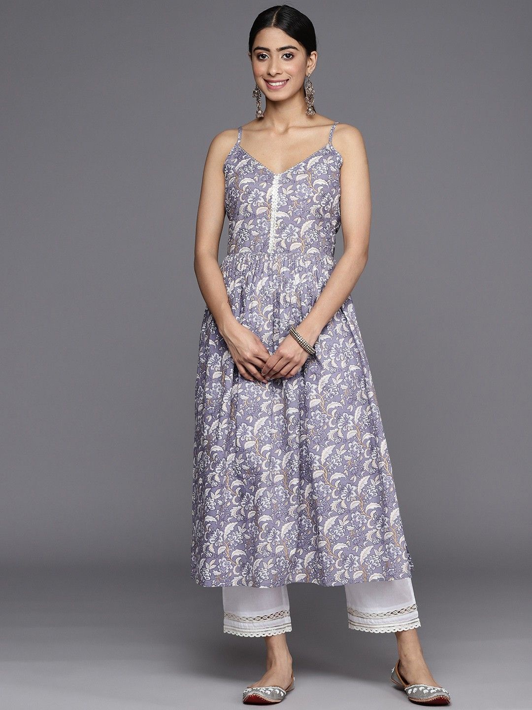 

Shedika Floral Printed Shoulder Straps Anarkali Kurta, Grey