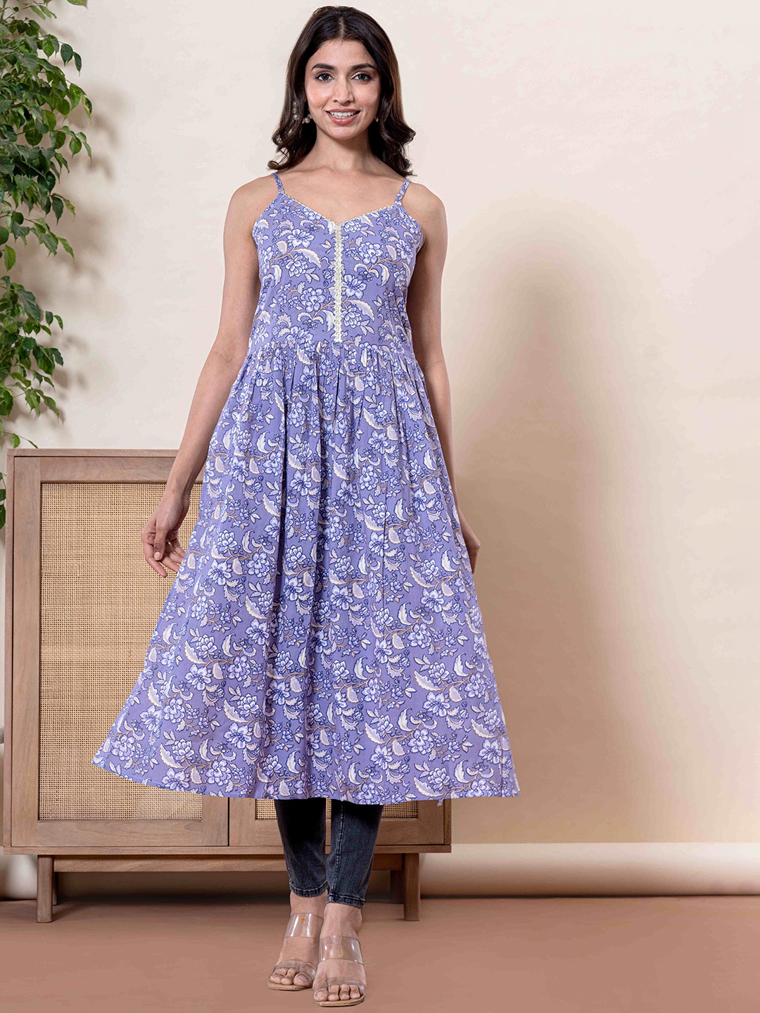 

Shedika Floral Printed Shoulder Straps Anarkali Kurta, Purple