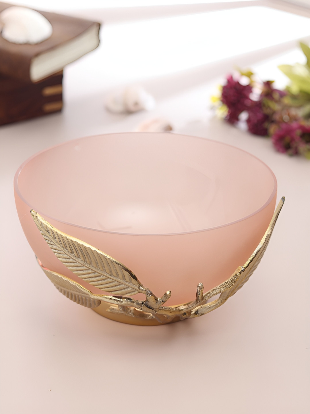 

Decor de Maison Peach & Gold Toned Glass Decorative Bowl With Metal Base