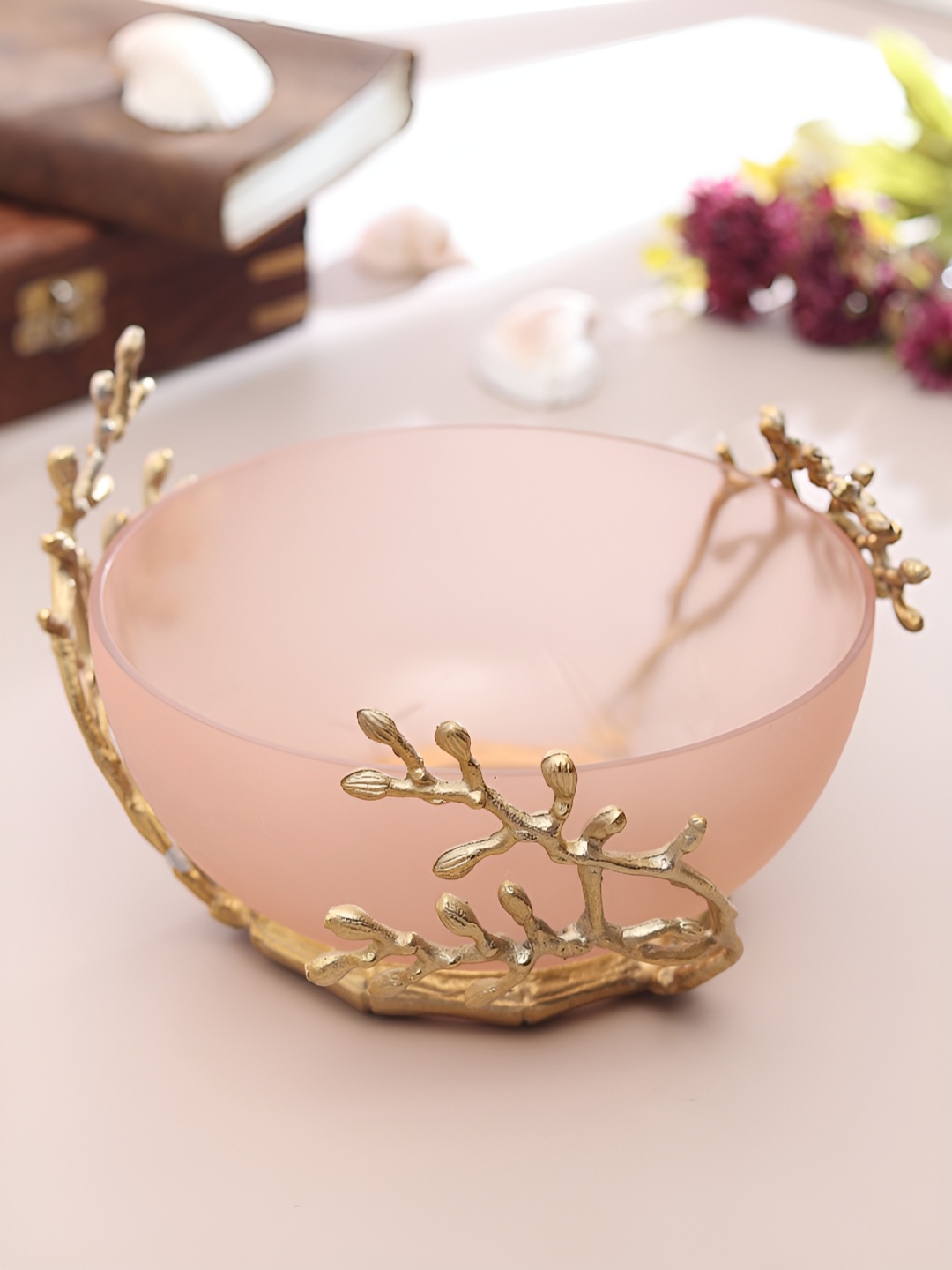 

Decor de Maison Peach & Gold Toned Glass Decorative Bowl With Metal Base