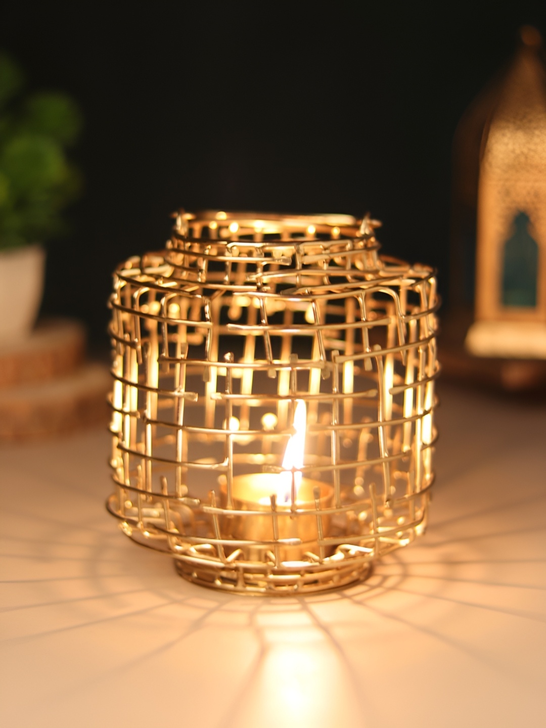 

Decor de Maison Gold Toned Basketweave Metal Candle Holder