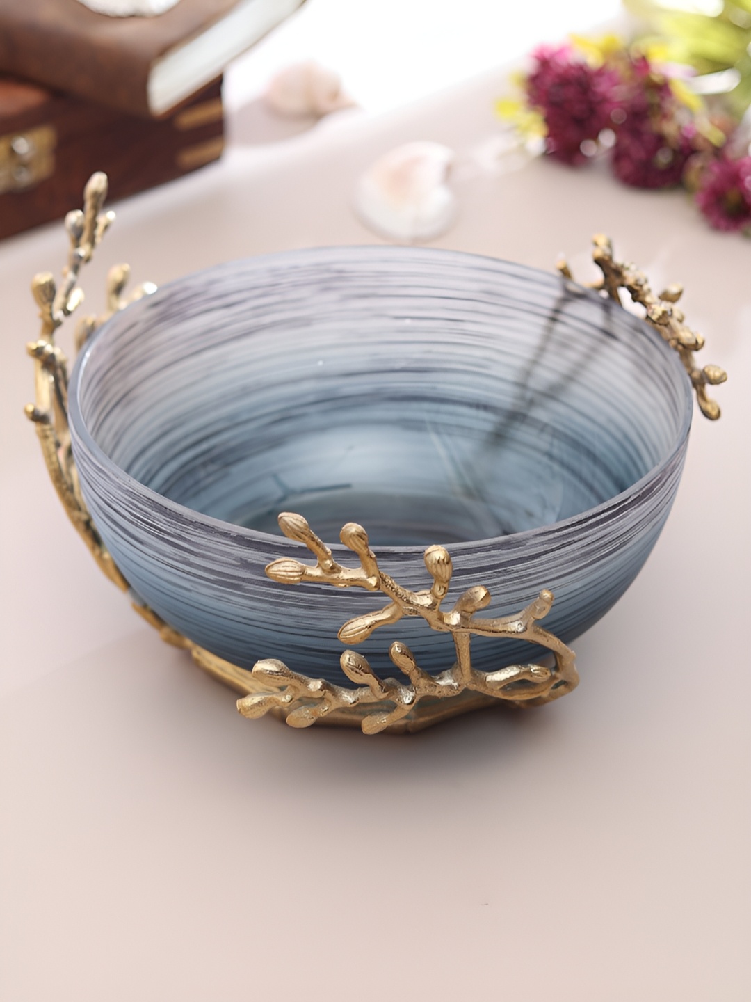 

Decor de Maison Grey & Gold Toned Floral Glass Decorative Bowl