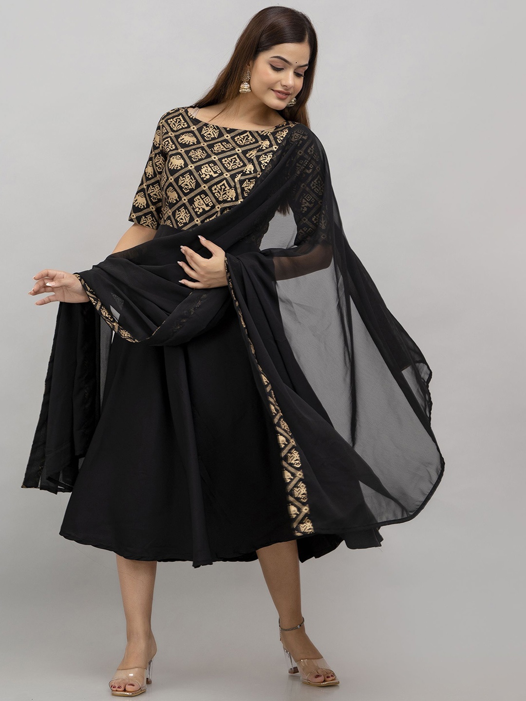 

Shedika Printed Ethnic Motifs Flared Ethnic Dresses With Dupatta, Black
