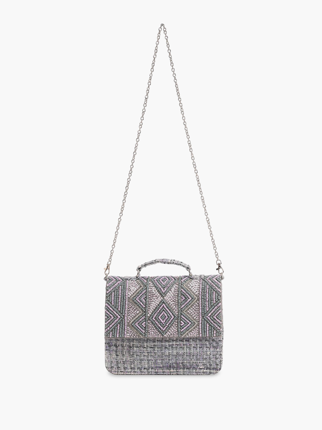 

BohoGirl Textured Embellished Structured Sling Bag, Grey