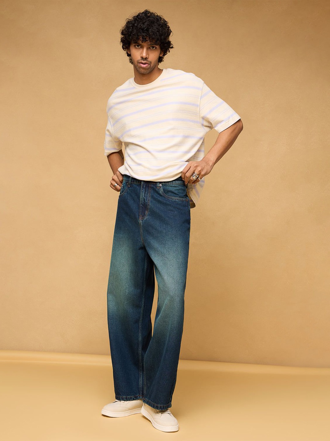 

FREAKINS Men Cotton Wide Leg High-Rise Heavy Fade Jeans, Blue