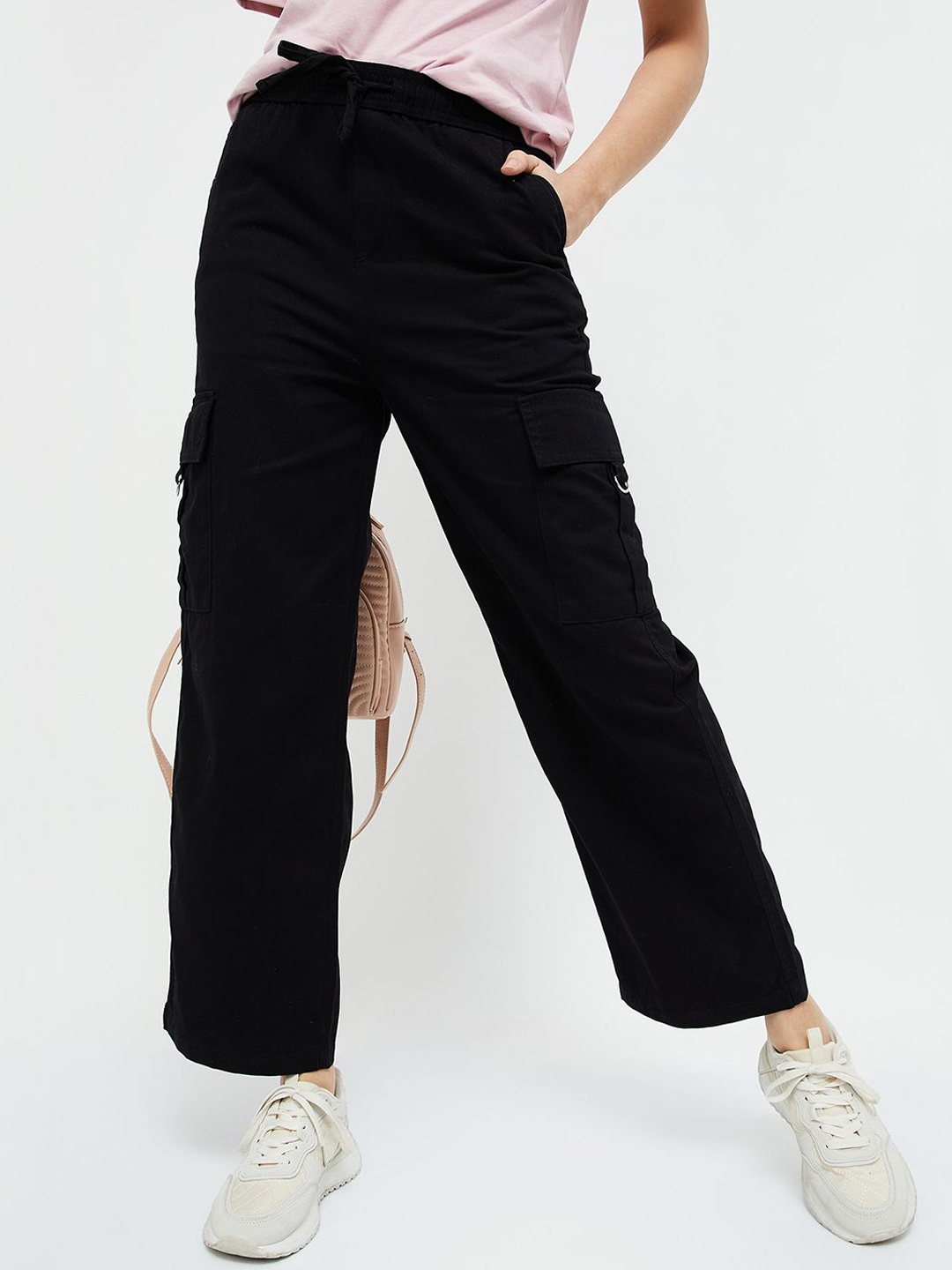 

Fame Forever by Lifestyle Women Mid Rise Cotton Cargo Trousers, Black