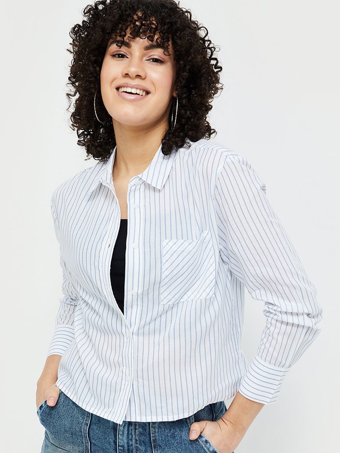 

Fame Forever by Lifestyle Striped Cotton Shirt Style Top, White