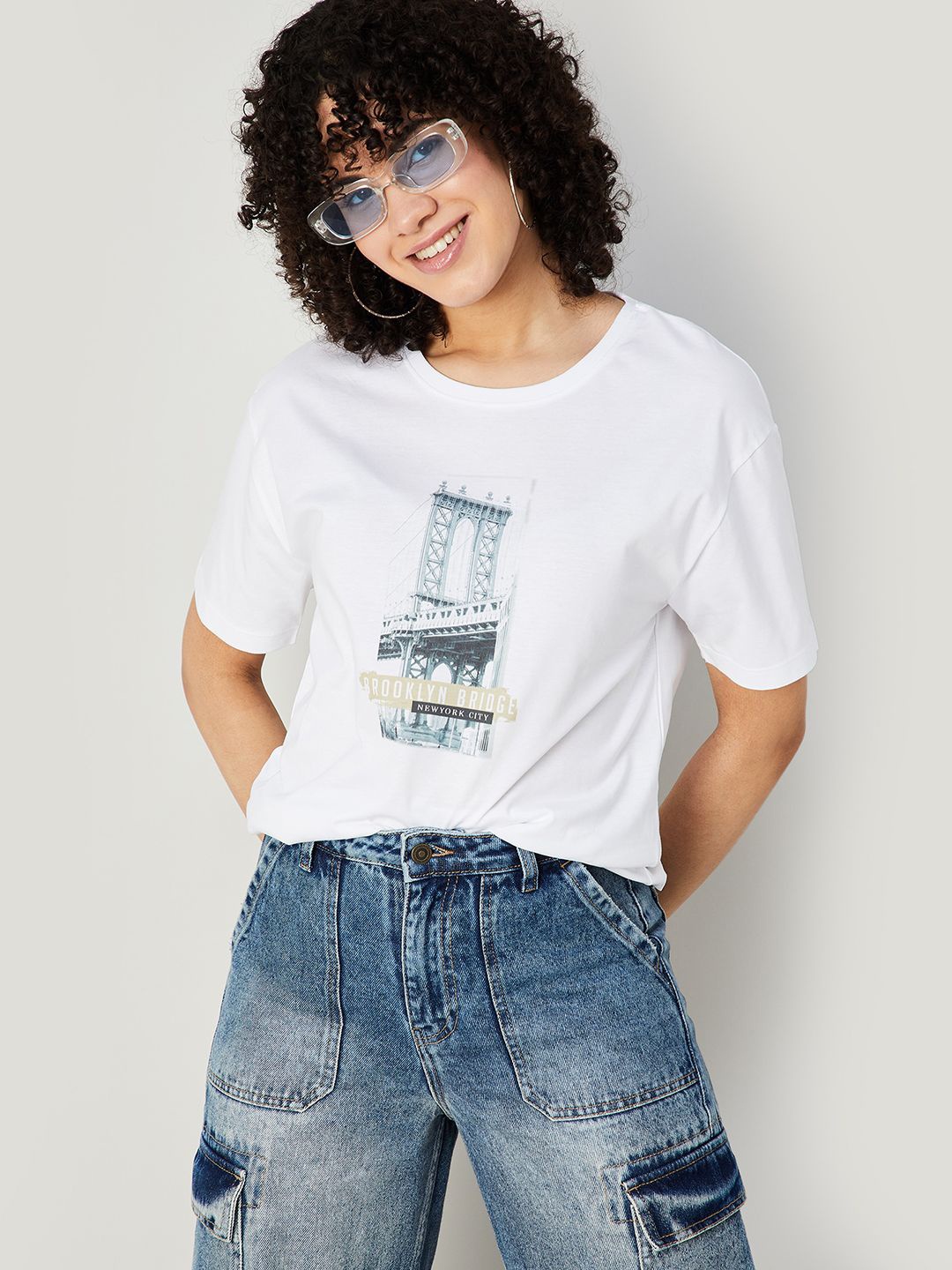 

Fame Forever by Lifestyle Print Extended Sleeves Cotton Top, White