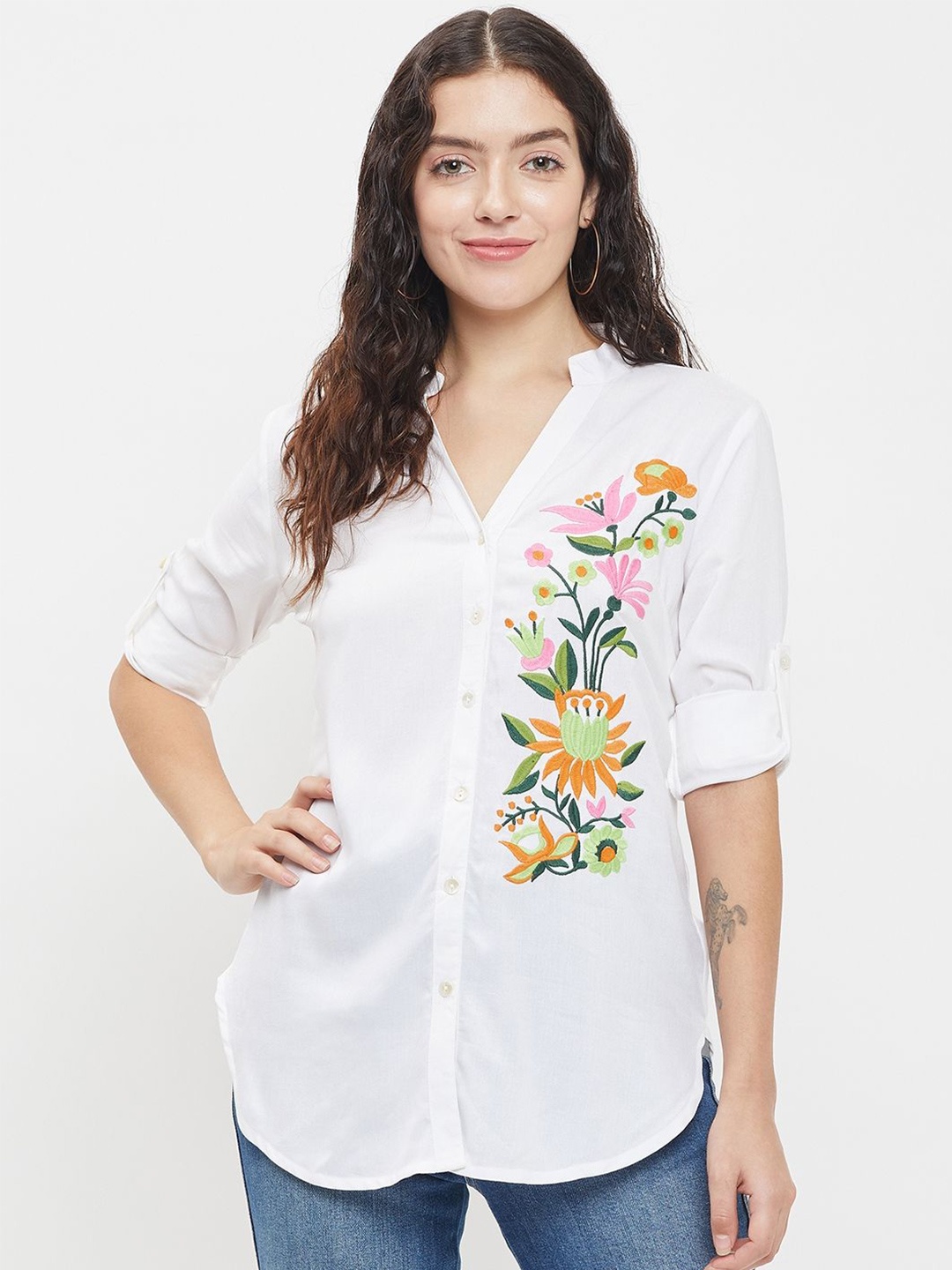 

BAESD Women Classic Floral Opaque Casual Shirt, White