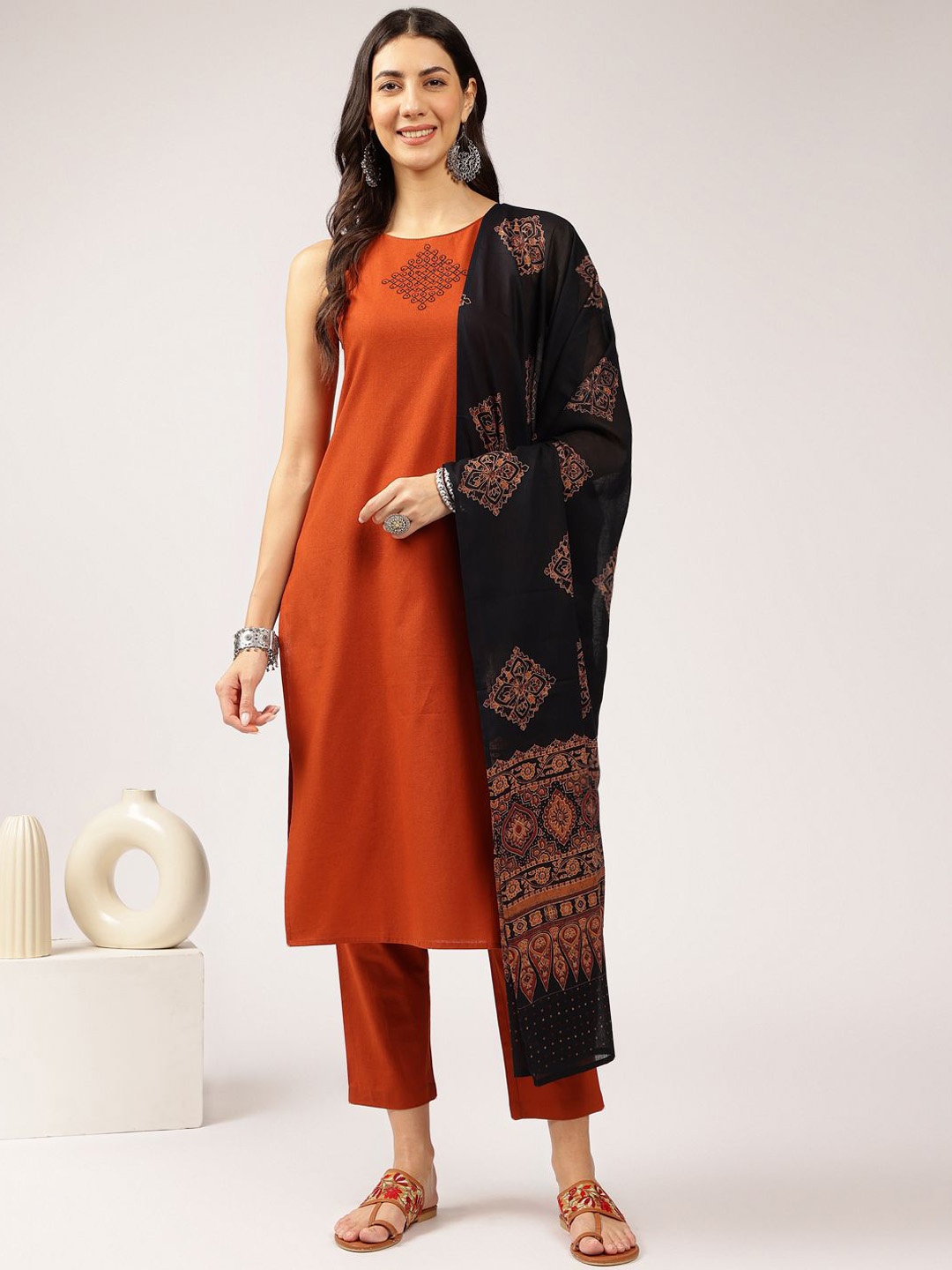 

Anouk Rust Ethnic Motifs Embroidered Pure Cotton Straight Kurta with Trousers & Dupatta