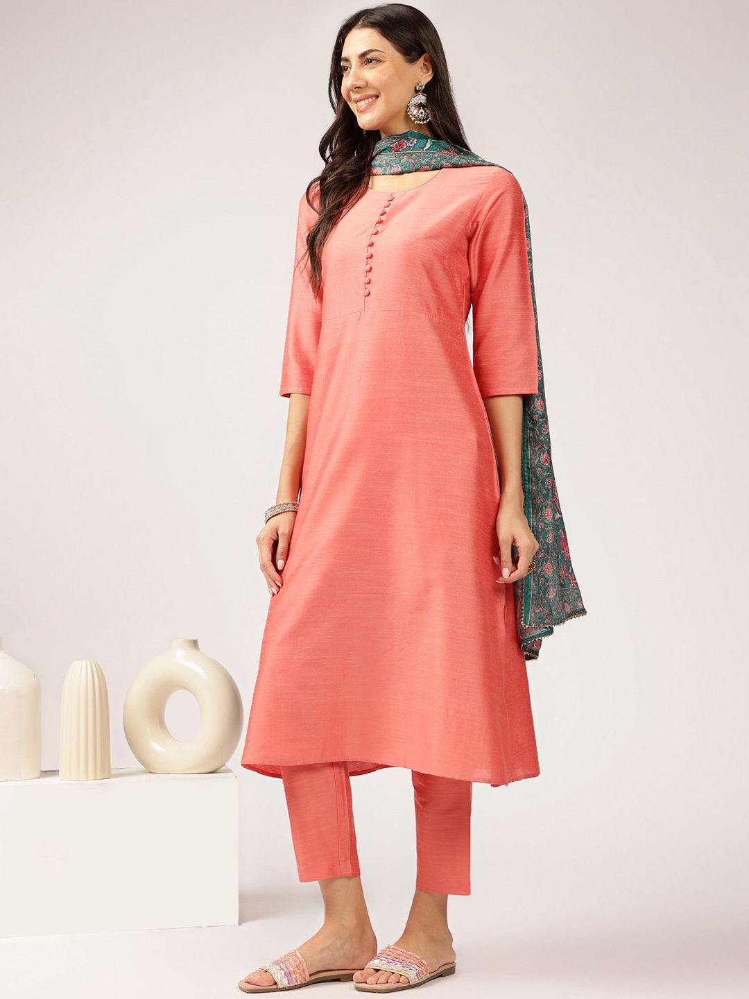 

Anouk Peach Coloured Round Neck Straight Kurta with Trousers & Dupatta