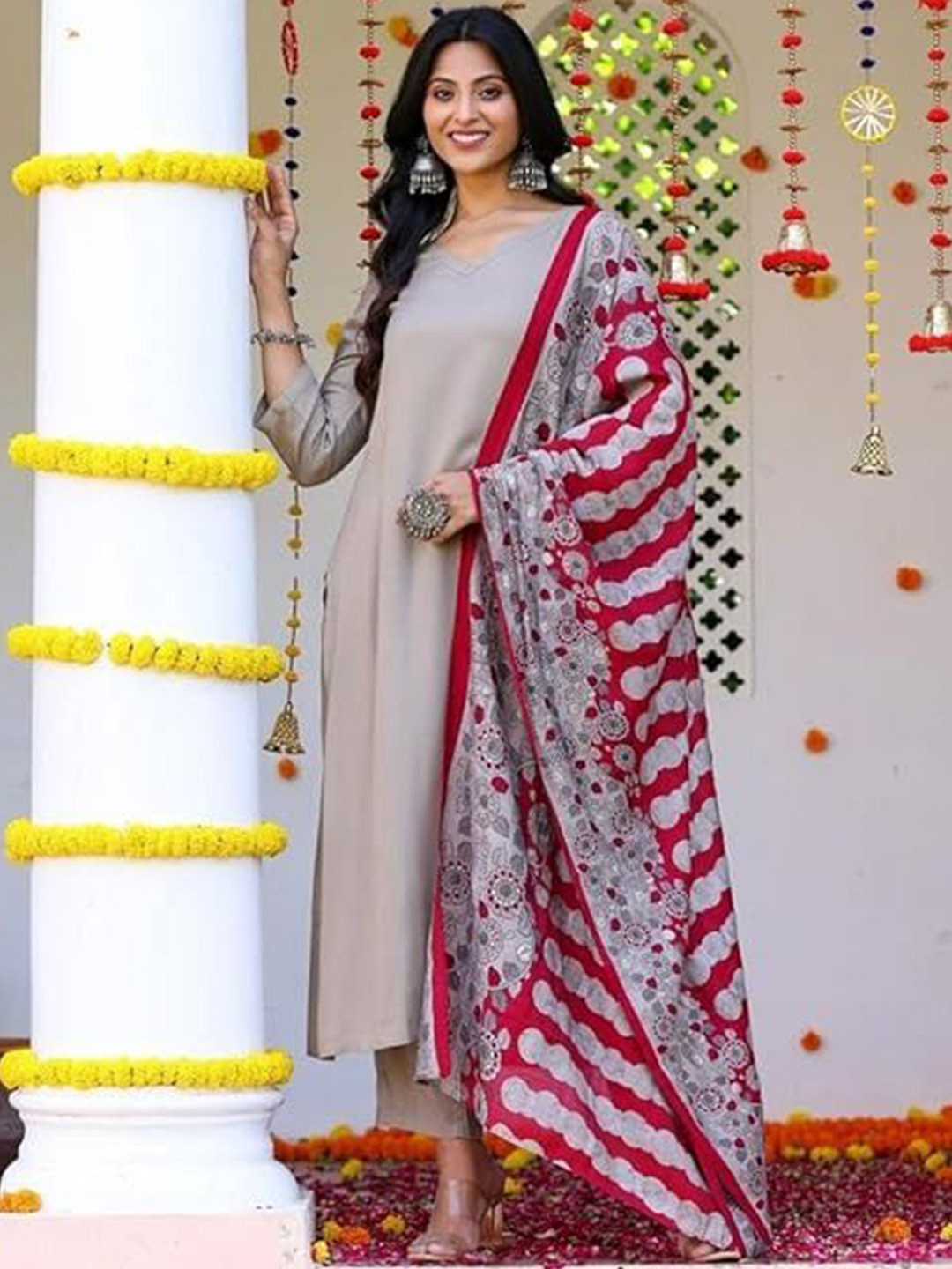 

HETVI CREATION V Neck Straight Kurta & Trousers With Dupatta, Beige