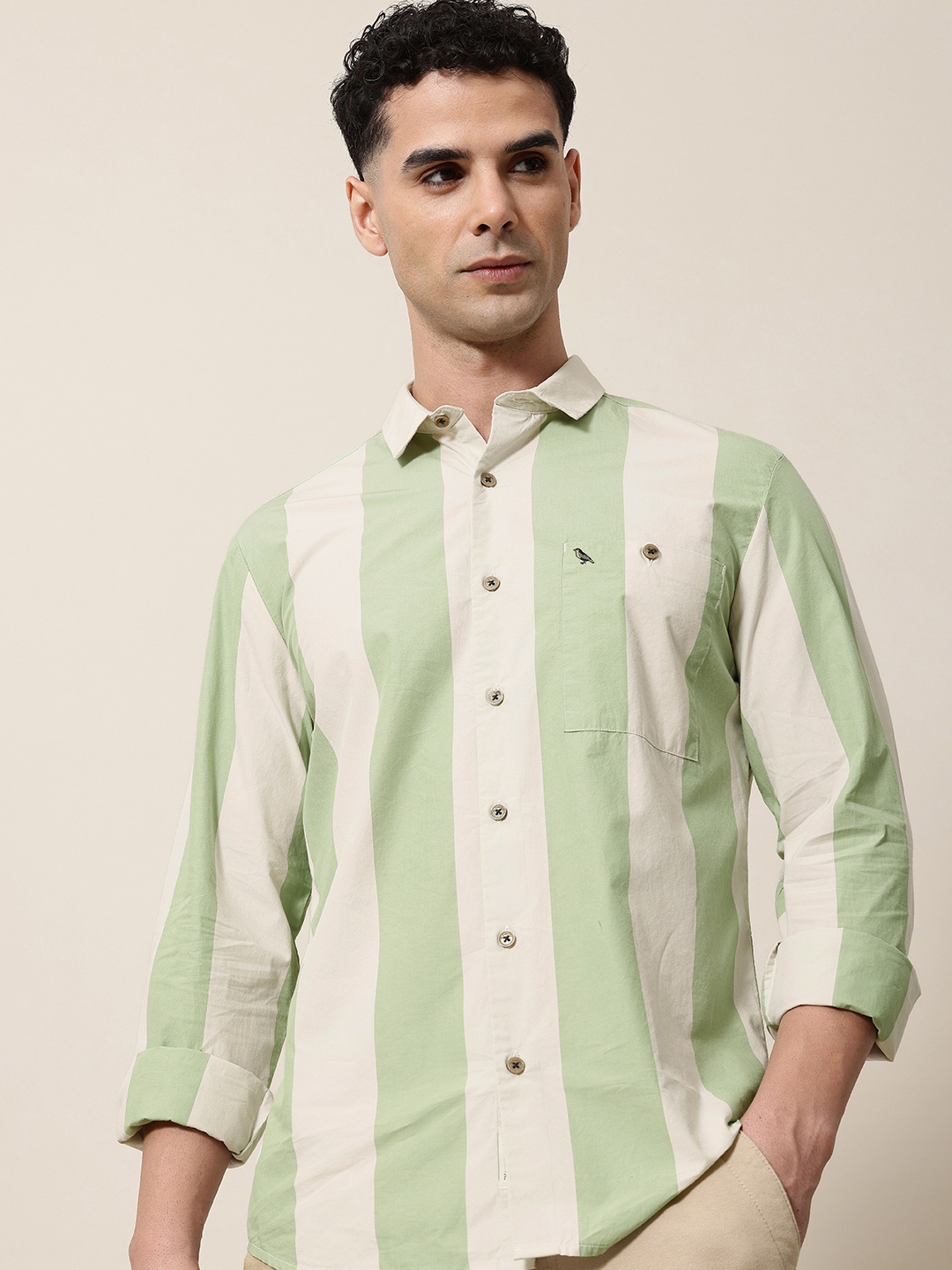 

Mr Bowerbird Men Premium Striped Pure Cotton Casual Shirt, Green