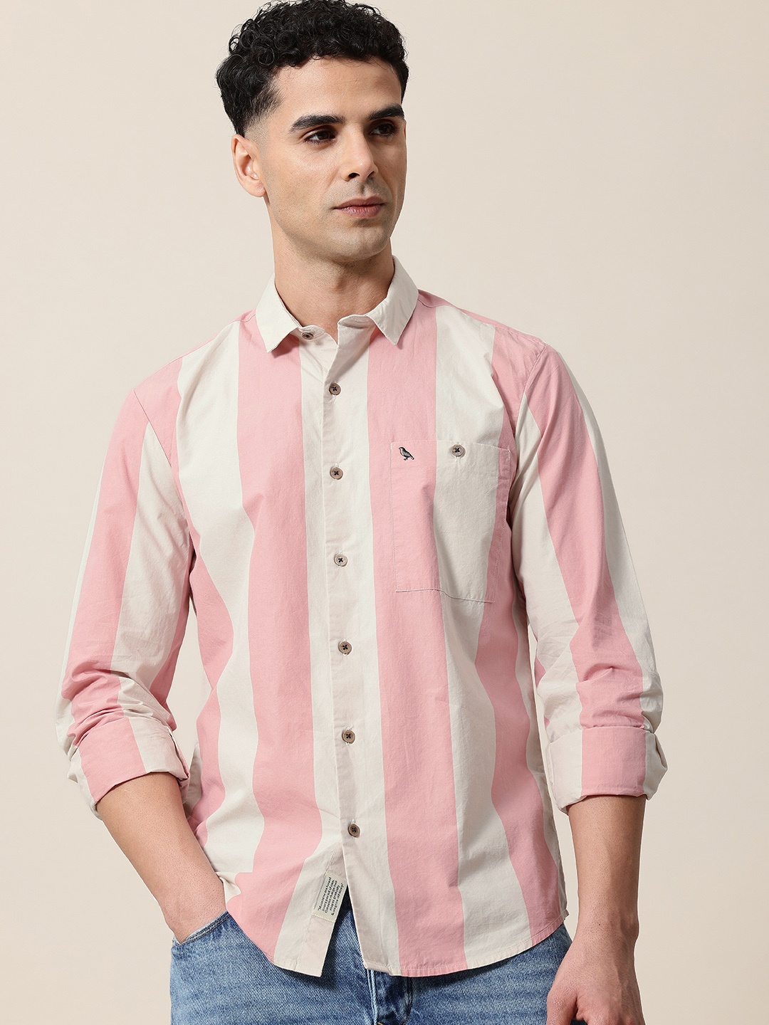 

Mr Bowerbird Men Premium Striped Pure Cotton Casual Shirt, Pink