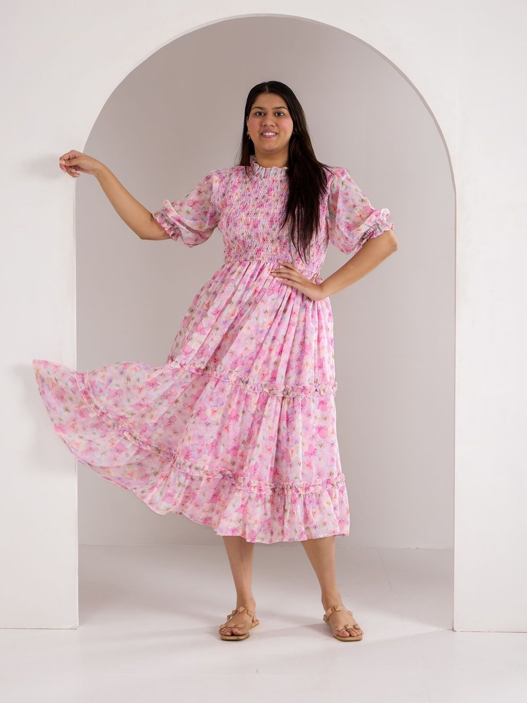 Polago Clothing Women Floral Printed Puff Sleeves Fit & Flare Midi Dress, Pink